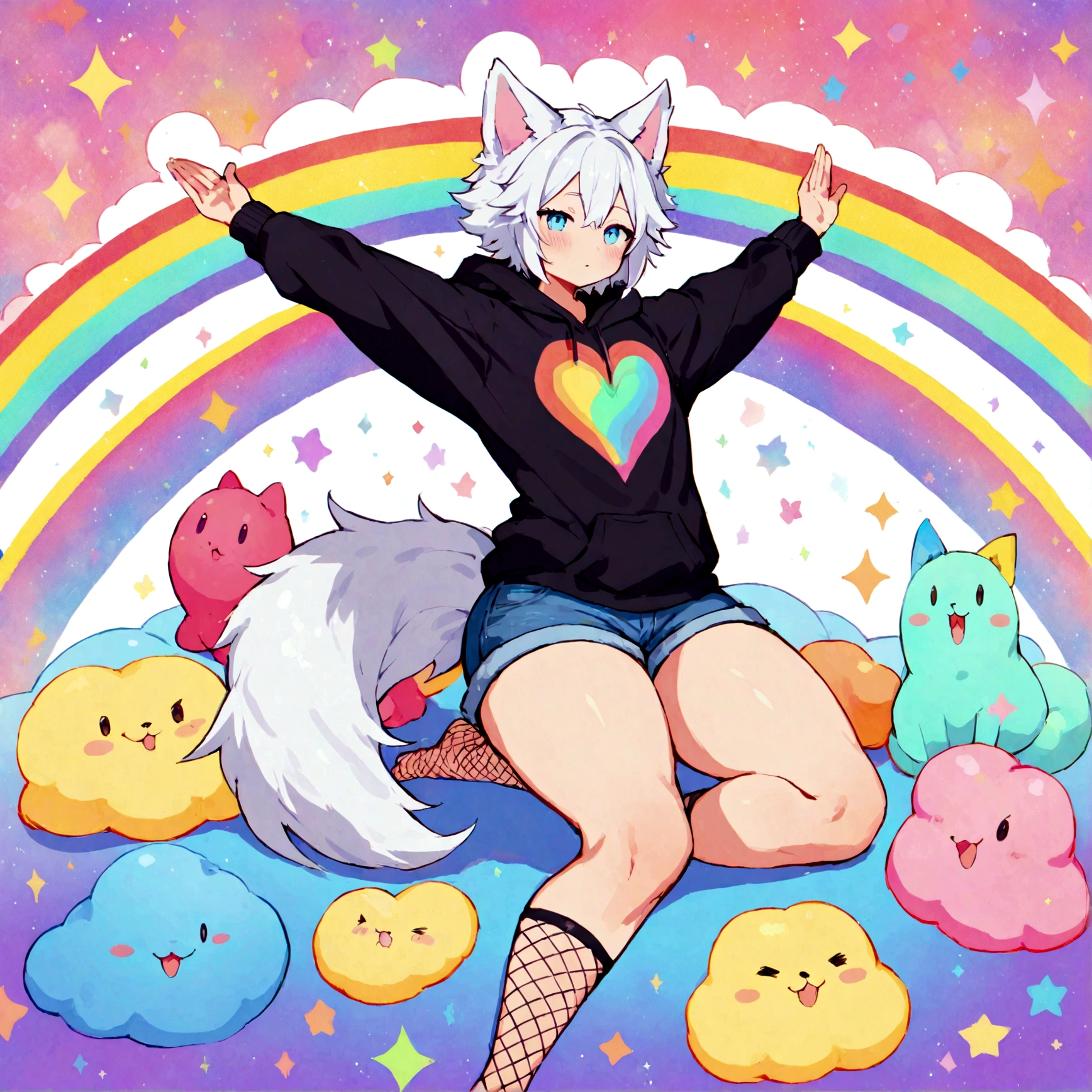 a cute adult male with wolf ears, white hair, has a wolf tail, wearing a loose cropped oversized black hoodie, wearing a pair of denim short shorts and fishnet stockings, thick thighs, wide hips, relaxing on mound of fluffy multi colored kawaii plushies, short, very slim, showing slender tummy, stretching out, heart on hoodie, squishy thighs, has glowing blue eyes. alone, solo (ALONE)(SOLO), surrounded by rainbows, colorful galaxy backround