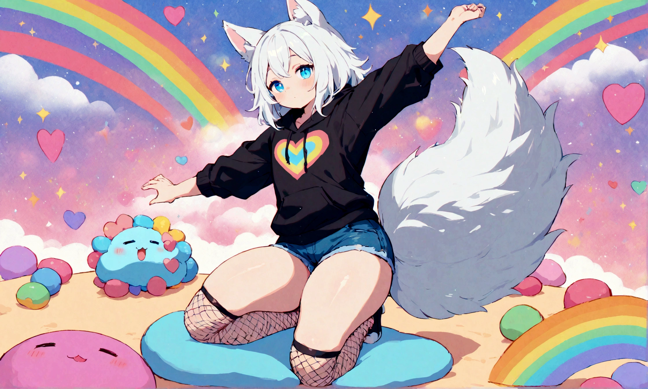 a cute adult male with wolf ears, white hair, has a wolf tail, wearing a loose cropped oversized black hoodie, wearing a pair of denim short shorts and fishnet stockings, thick thighs, wide hips, relaxing on mound of fluffy multi colored kawaii plushies, short, very slim, showing slender tummy, stretching out, heart on hoodie, squishy thighs, has glowing blue eyes. alone, solo (ALONE)(SOLO), surrounded by rainbows, colorful galaxy backround