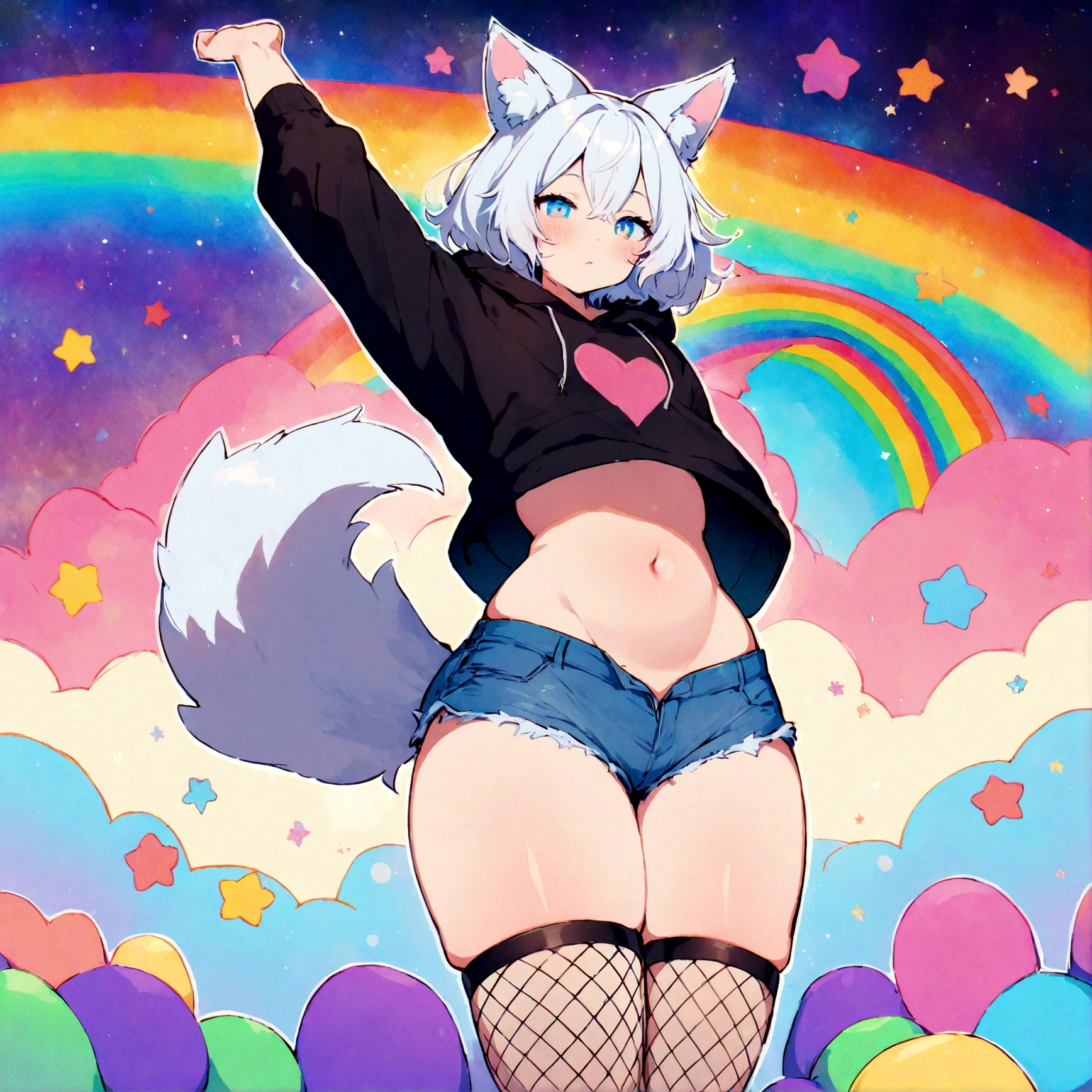 a cute adult male with wolf ears, white hair, has a wolf tail, wearing a loose cropped oversized black hoodie, wearing a pair of denim short shorts and fishnet stockings, thick thighs, wide hips, relaxing on mound of fluffy multi colored kawaii plushies, short, very slim, showing slender tummy, stretching out, heart on hoodie, squishy thighs, has glowing blue eyes. alone, solo (ALONE)(SOLO), surrounded by rainbows, colorful galaxy backround