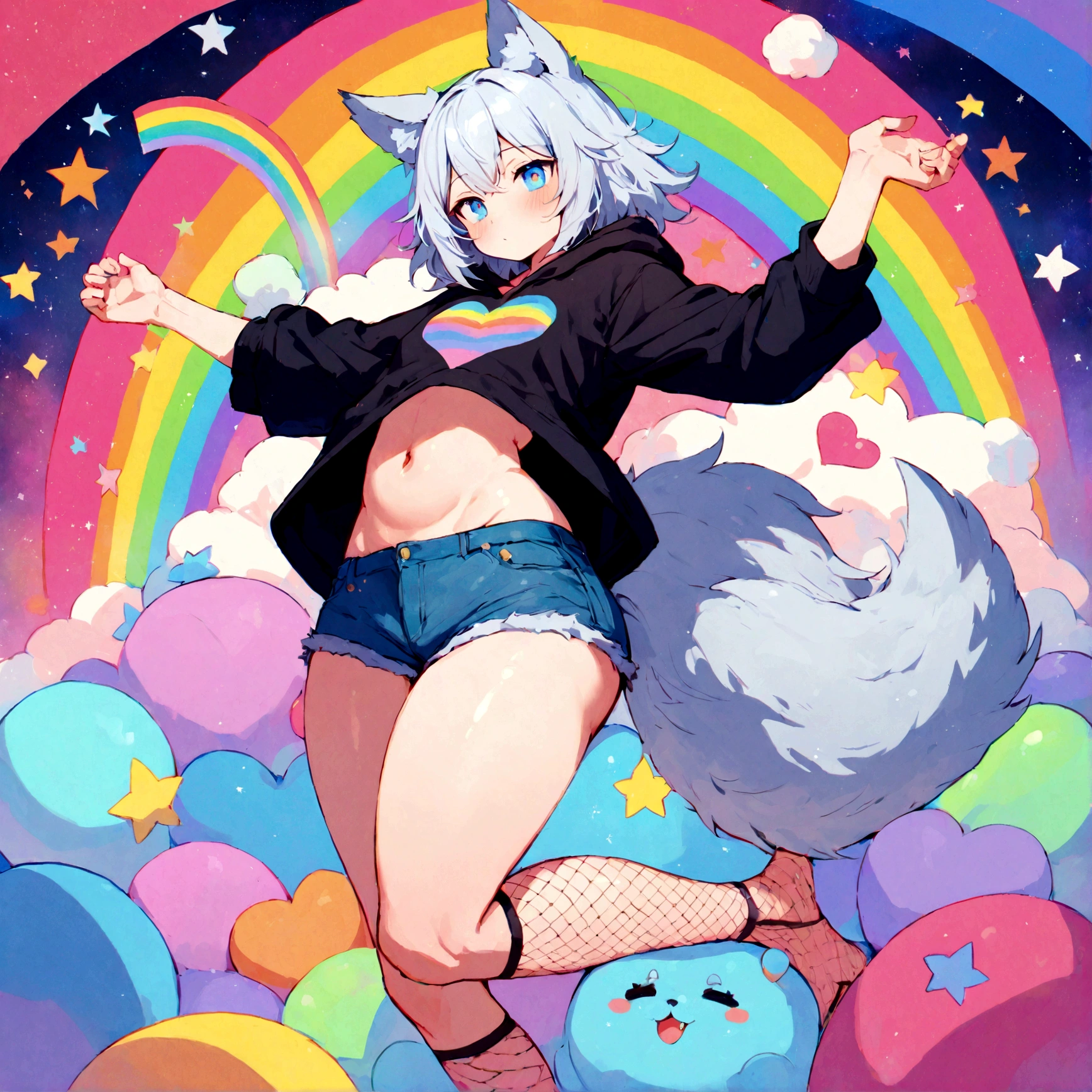 a cute adult male with wolf ears, white hair, has a wolf tail, wearing a loose cropped oversized black hoodie, wearing a pair of denim short shorts and fishnet stockings, thick thighs, wide hips, relaxing on mound of fluffy multi colored kawaii plushies, short, very slim, showing slender tummy, stretching out, heart on hoodie, squishy thighs, has glowing blue eyes. alone, solo (ALONE)(SOLO), surrounded by rainbows, colorful galaxy backround
