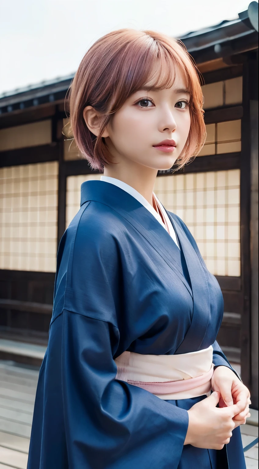 (highest quality,8K quality,masterpiece:1.3,),(超A high resolution,Photorealistic:1.4,Raw photo),(Ultra-detailed,Caustics,Perfect Anatomy),(Ultra-Realistic Capture,Beautiful and detailed skin),In town、27 years old,Pink hair short bob,heavy,Looking into the camera,(Low angle),Warm lighting,Beauty、Are standing、Holding an open Japanese umbrella on one shoulder、Japanese simple indigo kimono、Kimono is dark blue