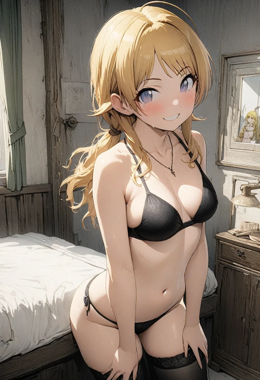 NSFW,(pale illustration,anime illustrations:1.2),(masterpiece, highest quality, so beautiful, Super detailed),textured skin, high details,8k,gleaming skin,pale outline

(hachimiya meguru, idolmaster:1.2),gold hair,

1 girl,(black Thighhighs:1.3),middle breasts,shorty,happy smile,
swimsuit,standing,
from front,white and clean bedroom