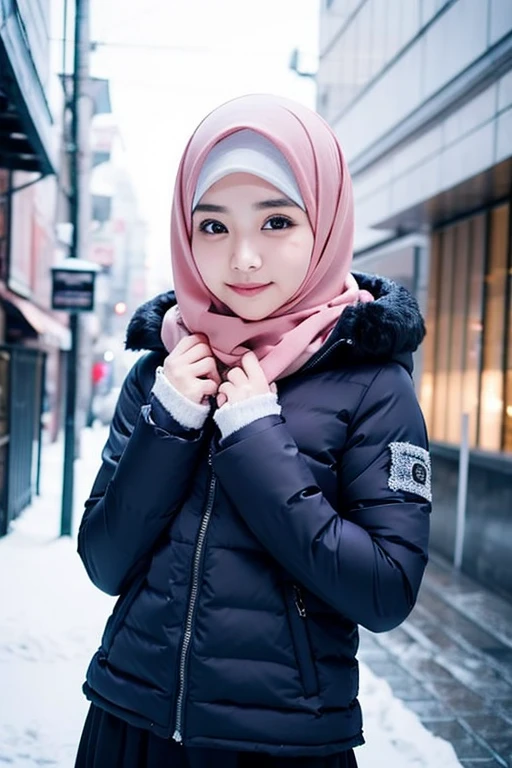 japanese muslim girl, pasmina hijab, perfect body figure, thick winter jacket with hood, pink jacket, snowy city landscape