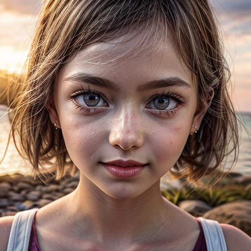 Tiny girl wearing tube-top dress, Stroll along Tropical Beach at evening, (Acutance:0.85), Masterpiece of 8K Ultra-detailed, (Volumetric lighting), (Dazzling BokeH:1.25, RAW photorealistic:1.37), (Gazing at the sunseting colorful sky), (Orange rays illuminating face, close-up:1.4), Gust of wind . (((Extremely detailed a face variation of NOGIZAKA girls))), perfect anatomy, Childish, captivating gaze, elaborate detailed Eyes with (sparkling highlights:1.3), long eyelashes、Glossy RED Lips with beautiful details, Coquettish tongue, Rosy cheeks, ((Radiant natural skin) with clear transparency) . { (Dynamic joyful expressions) | (:d) }, (Photon Particles:1.25), (no Large eyes, no tree).