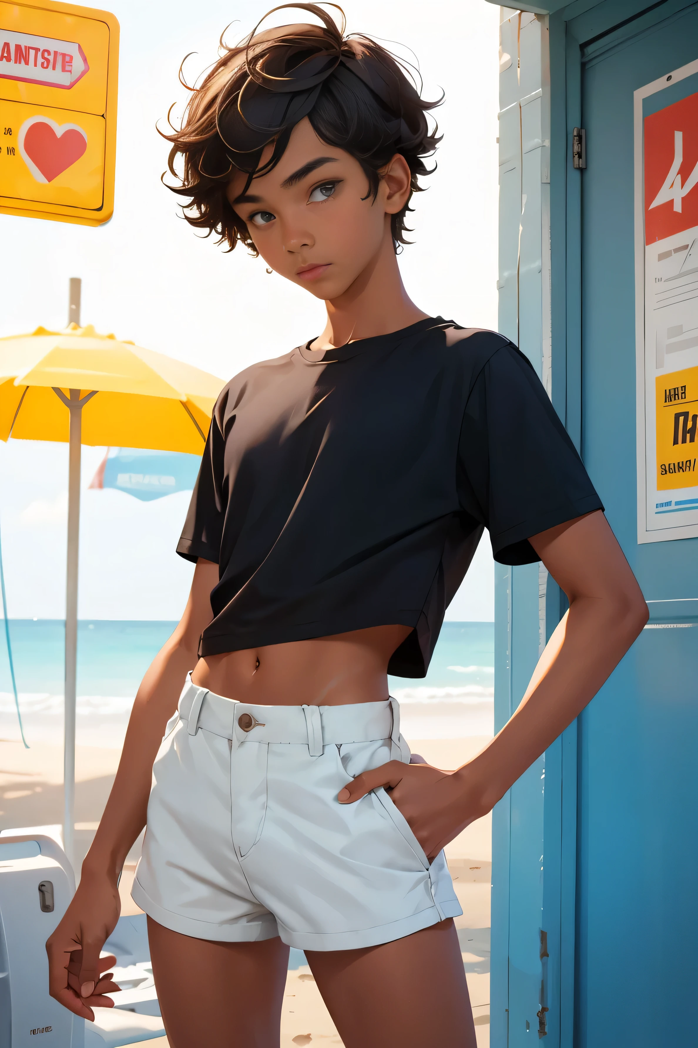 Teen boy 16 years old, beautiful teen boy is wearing a cropped shirt and too very much short mini shorts, the boy's legs are beautiful, tanned, flirty posing, hot summer, top quality,