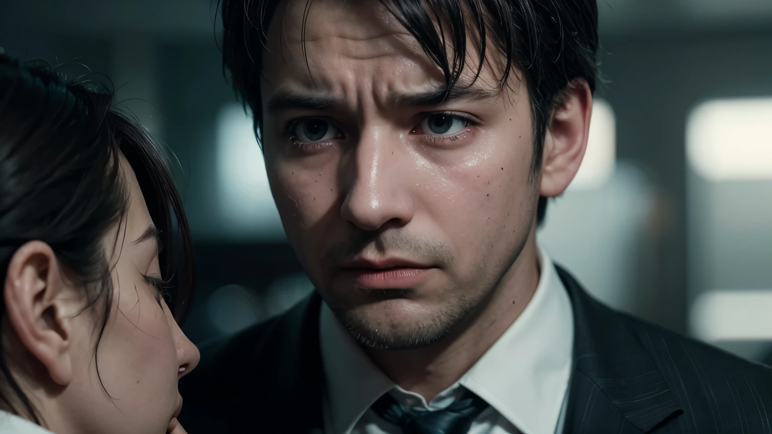 A middle-aged man in a suit and tie, crying with regret, in a tense and anxious mood, slightly blurred for depth. The image is ultra-detailed, capturing the intensity and shadowed past of the character. Professional Color Grading, photojournalistic style, shot on a Canon EOS 5D Mark IV with vibrant details and a realistic, cinematic feel. 16:9 resolution, perfect for a YouTube video thumbnail.