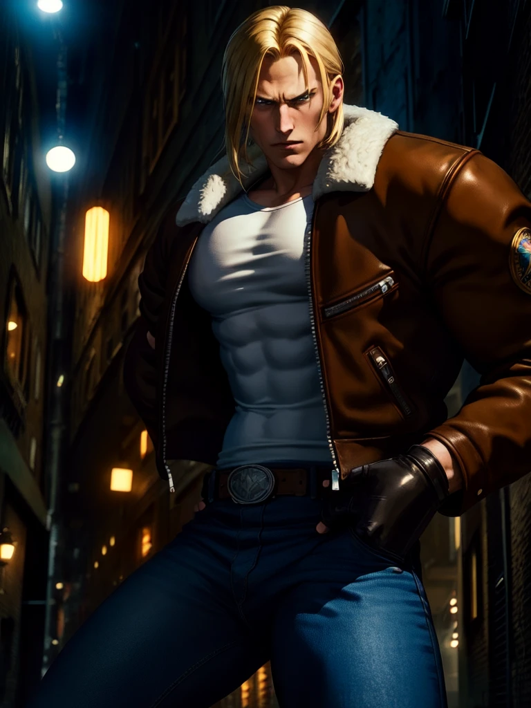 20-year-old man, alone, alone, athletic and muscular, manly, macho, has shoulder-length blonde hair open in the middle, wears a brown jacket with sheepskin on the lapels, on the arm of the jacket there is a small star in a circle, He has a white t-shirt under his jacket, blue denim pants, a brown belt with a large metal shield, he wears black fighting gloves, he stands with his hands inside his pants pockets looking at the viewer, an angry gesture, background in a new york alley detailed realistic, cinematic, ultra sharp focus, award winning photography, perfect contrast, high sharpness, depth of field, ultra detailed photography, global illumination, fluid, ultra high definition, 8k, Unreal Engine 5, ultra focus crisp, award-winning photography, art season trends,
