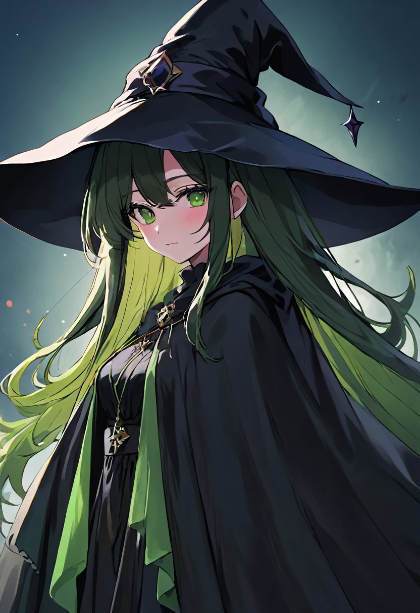 a close up of a person wearing a hat and dress, flirty anime witch casting magic, gothic maiden anime girl, anime girl with long hair, fashionable dark witch, in a cloak with long hairs, anime girl wearing a black dress, dark witch character, with a green cloak, witch girl, classical witch