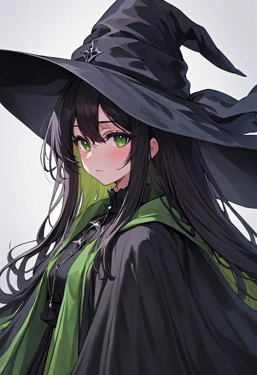 a close up of a person wearing a hat and dress, flirty anime witch casting magic, gothic maiden anime girl, anime girl with long hair, fashionable dark witch, in a cloak with long hairs, anime girl wearing a black dress, dark witch character, with a green cloak, witch girl, classical witch