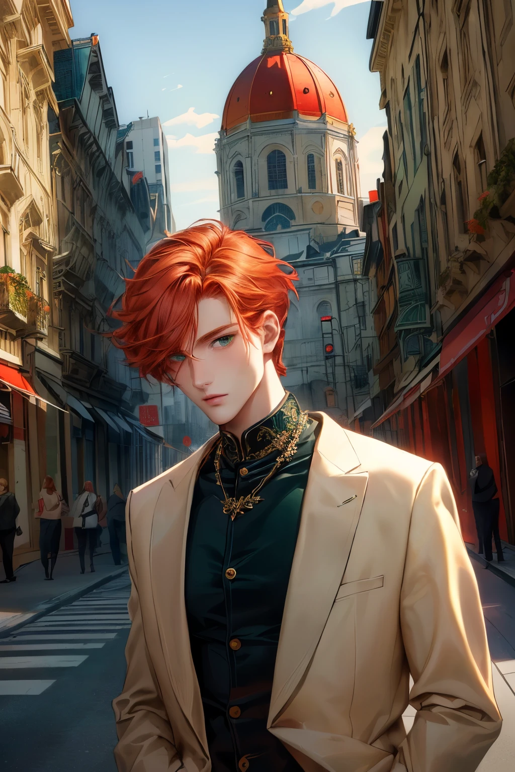 Masterpiece, Best Quality, Ultra-Detailed, 1man, 26 years old, red hair, ginger hair, short hair, green eyes, emerald eyes, very beautiful eyes, beautiful eyes, brilliant eyes, very detailed eyes, pale skin, modern clothes, contemporany clothes, nowdays clothes, glamorous clothes, looking side, city background