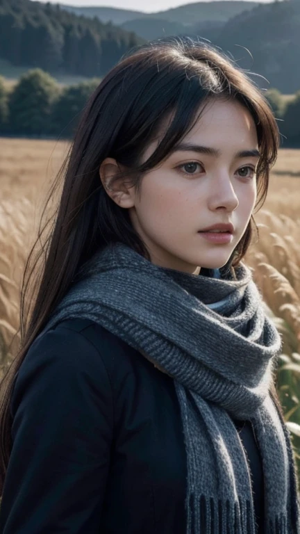 8k, best quality, masterpiece, realistic, ultra detail, photo realistic, Increase quality, 
a photo of a girl standing in a field with a scarf, in the style of dark and brooding designer, voluminous mass, photobash, serene faces, jagged edges, navy, natural beauty, close-up shot
