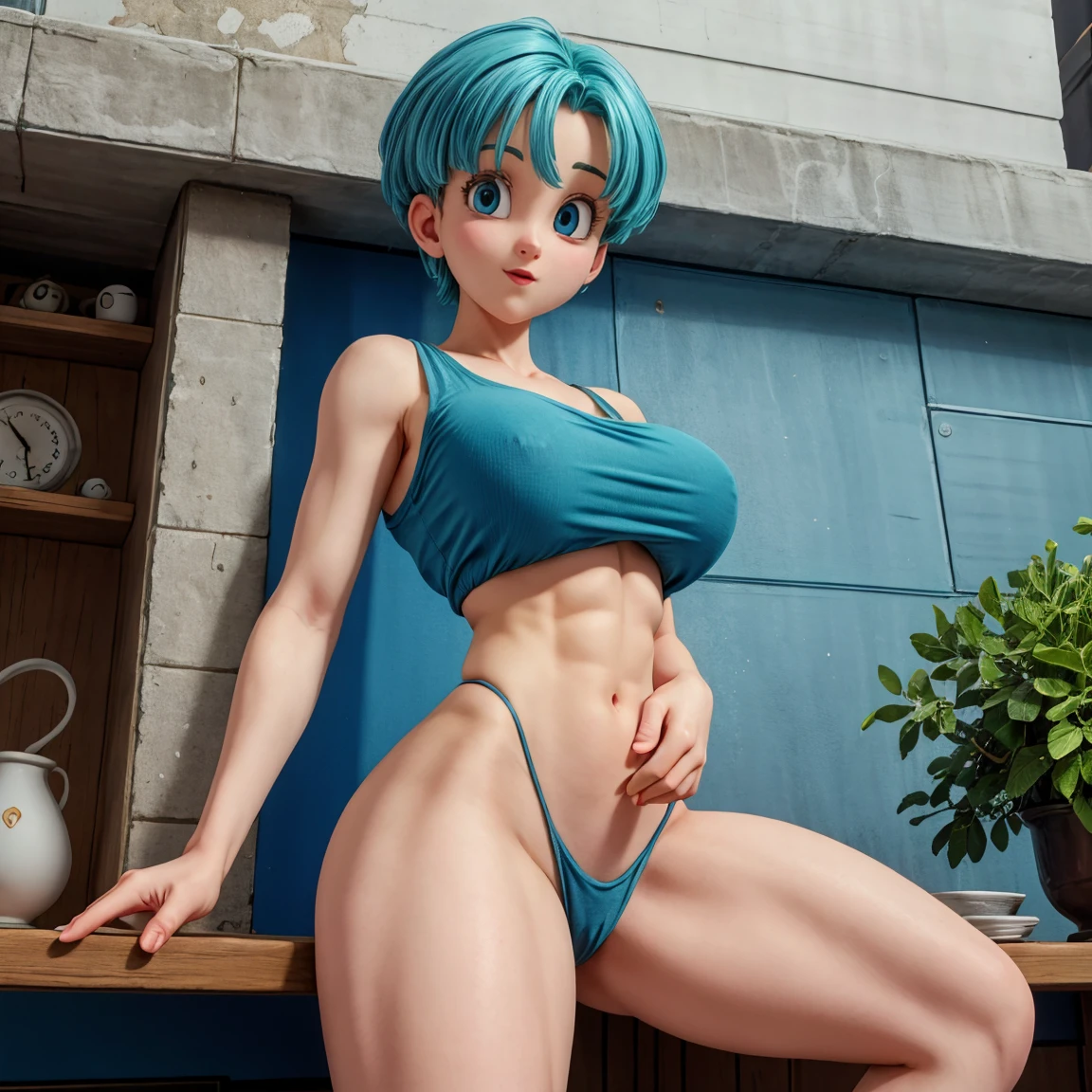 8K, Ultra HD, super details, high quality, high resolution. Bulma looks beautiful in a full-length photo, her body is sculptural, her long blue hair shines in perfect combination with her white skin, her bright blue eyes mesmerize everyone. She looks very sexy, drawing attention to her big breasts and thick legs.