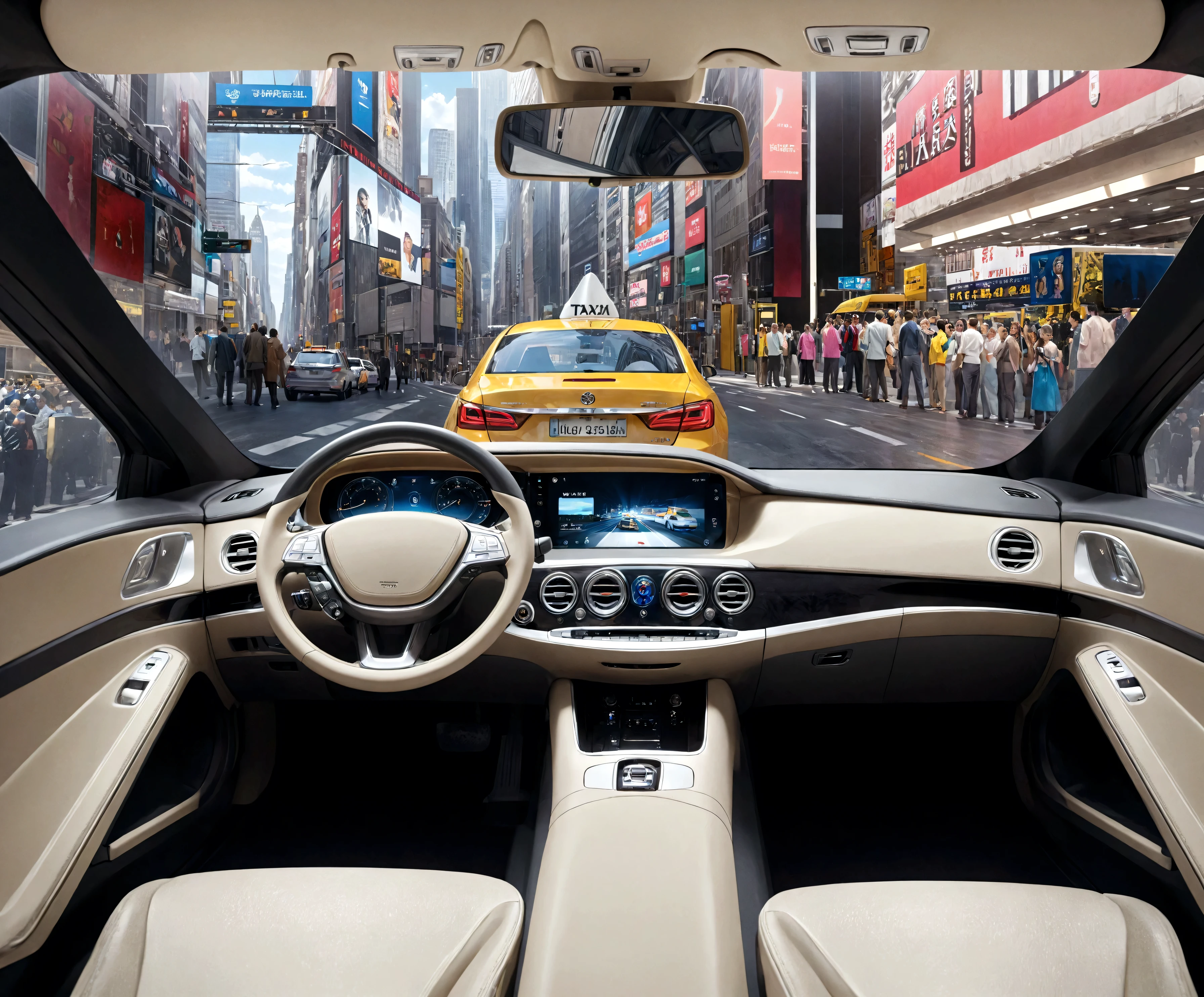 arafed view of a car with a taxi cab in the background, inside of a car, a hyper realistic, interior background, full view of a car, hyper detailed scene, driving through the city, inside a grand, highly detailed interior, elegant interior, scenic full shot, hyper-realistic, hyper - realistic, hyperreal rendering, holographic display lenses