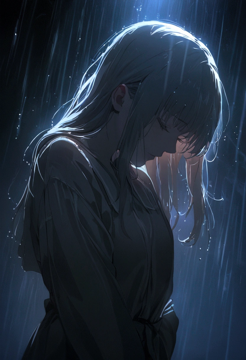 there is a woman that is standing in the chuva with her head down, Filme 8K ainda, filme ainda 8k, 8k sensual lighting, cabelo molhado, Motor irreal. filme ainda, chuva!!!!, filme 4k ainda, filme 4k ainda, beautiful cinematic lighting, pretty girl standing in the chuva, beautiful, cinematic lighting, encharcado, chuva drops on face