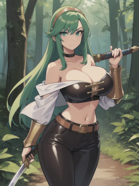 ((Best quality)), ((Masterpiece)), (detailed), (Detailed face:1.2), (Detailed eyes:1.2), (Perfect figure:1.2), perfect face perfect figure, Female Knight, Middle Ages, long green hair, headband, strapless, off shoulder, crop top, leather pants, gold belt, armor, knight's armor, big breast, middle aged woman, (looking at viewer with a mischievous expression on her face:1.1), holding a sword, One woman, In the forest, forest background