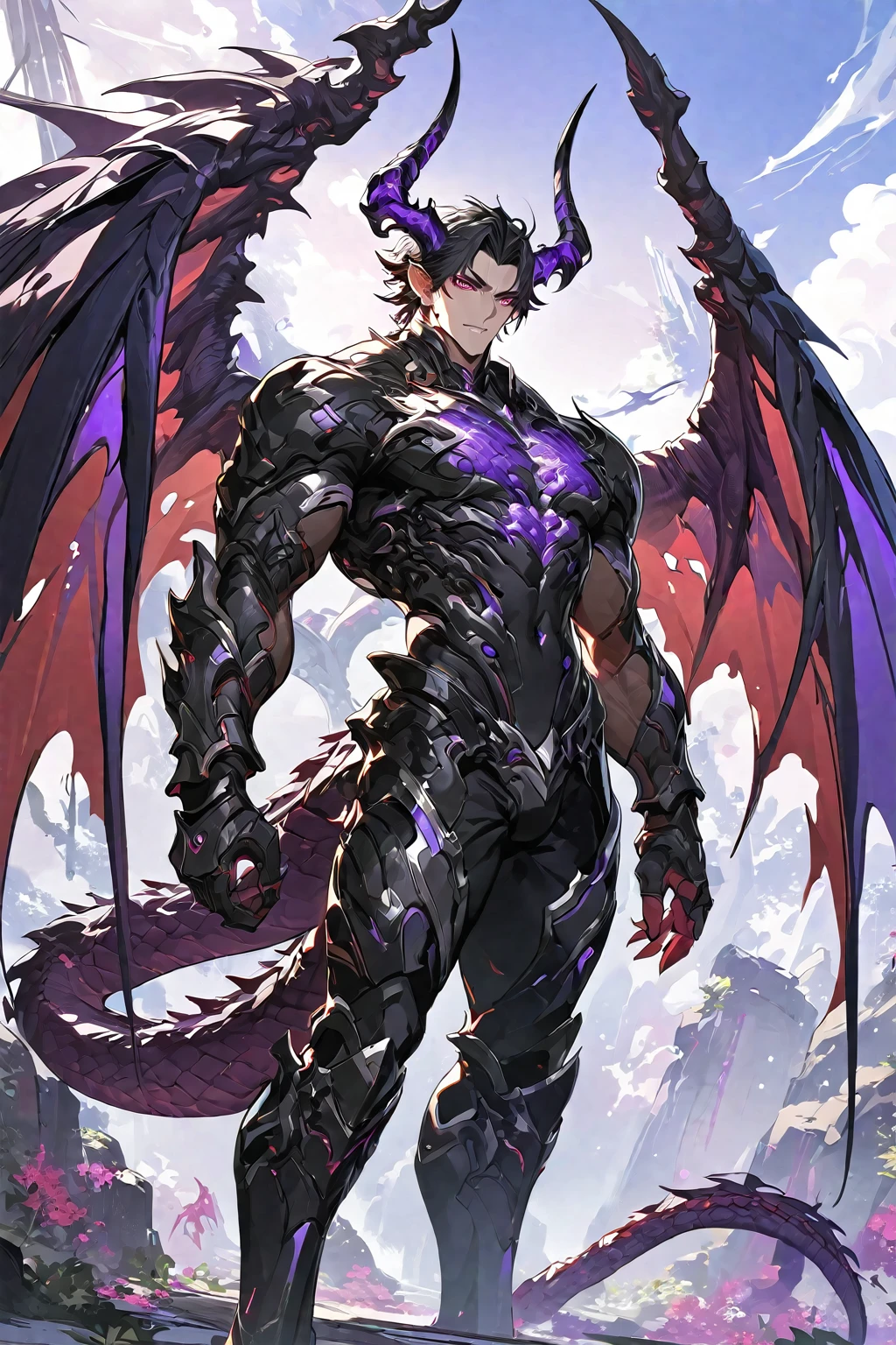 Best quality 8K resolution, Highly detailed, Digital Painting, Concept art, of the highest quality, One, beautiful, 1 man, adult man, with a sporty body, V-shaped body, black detailed armor with glowing purple details, black demonic horns, with large and long dragon wings, short hair, black hair, purple with red tones reptile eyes, purple threads, black light