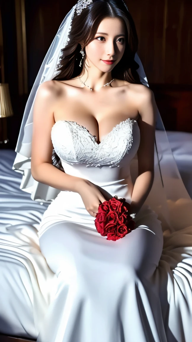 Marge Simpson with huge breasts in a lace micro bra and wedding dress with veil and bouquet in a park in Springfield