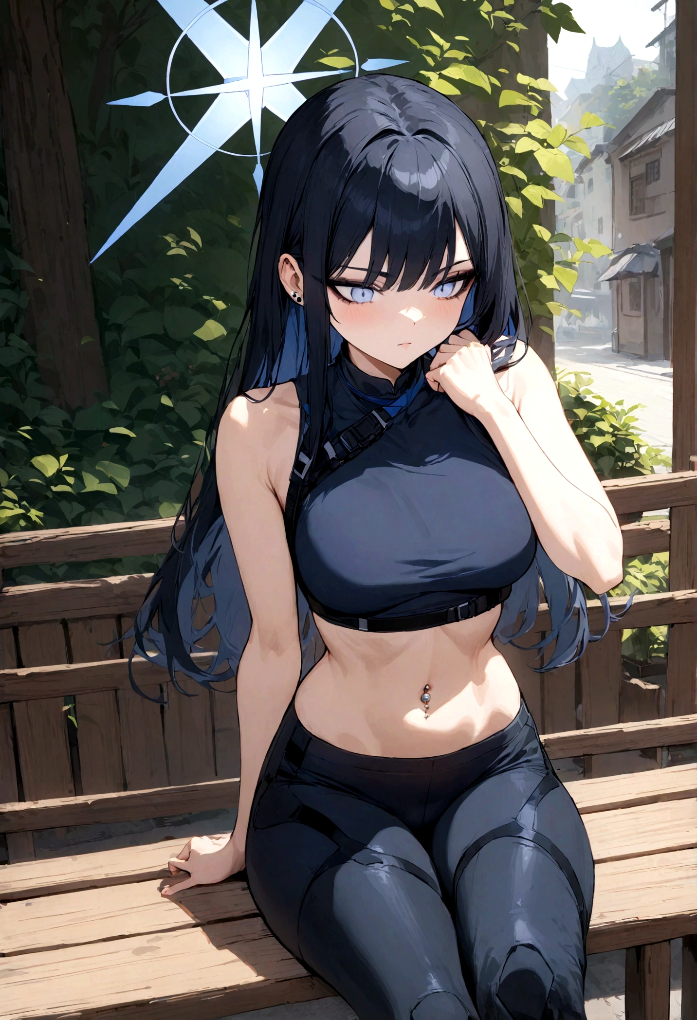 female, slim, bangs, black crop top, black combat boots, navel piercing, stud ear piercing, black mascara, dark blue eyeshadow, light blue eyes, tight black leggings, confident demeanor, looking down at veiwer, sitting on bench on street, HD detail, balanced body proportions, 1girl, solo, masterpiece, highres, full body,,saori \(blue archive\), long hair, black hair, halo,china dress,