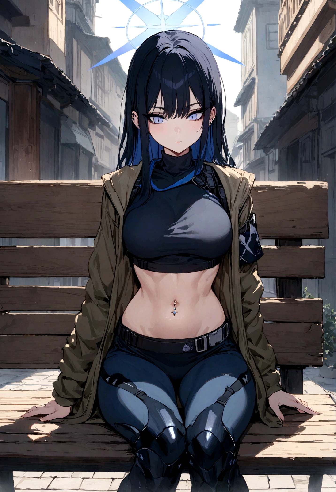 female, slim, bangs, black crop top, black combat boots, navel piercing, stud ear piercing, black mascara, dark blue eyeshadow, light blue eyes, tight black leggings, confident demeanor, looking down at veiwer, sitting on bench on street, HD detail, balanced body proportions, 1girl, solo, masterpiece, highres, full body,,saori \(blue archive\), long hair, black hair, halo,china dress,