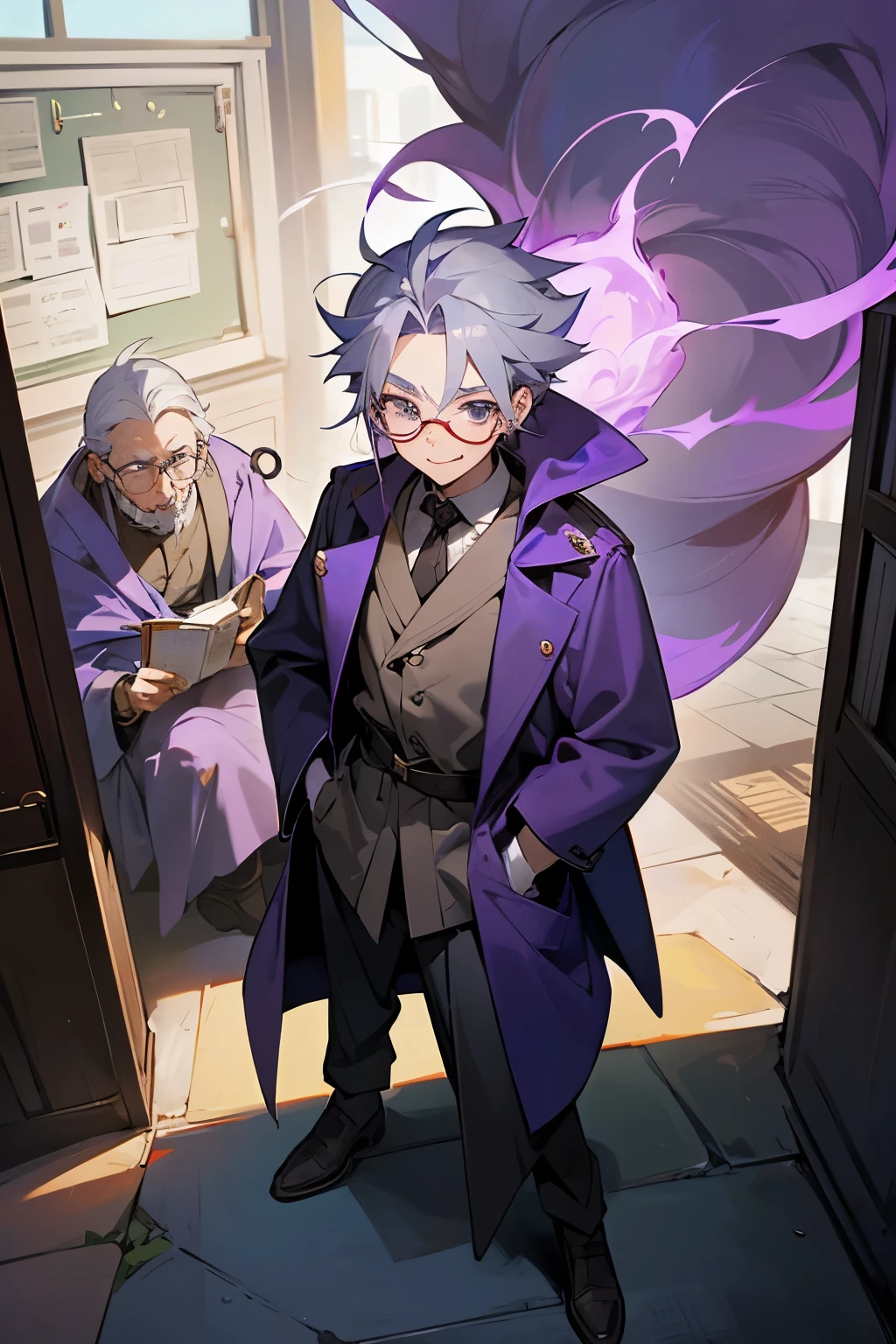 Teacher, a young wizard, smokes, wears glasses, smiles wide-mouthed, hair gray-purple. In front of the class, 30 years old, crazy, pierced ears, hands in pockets.