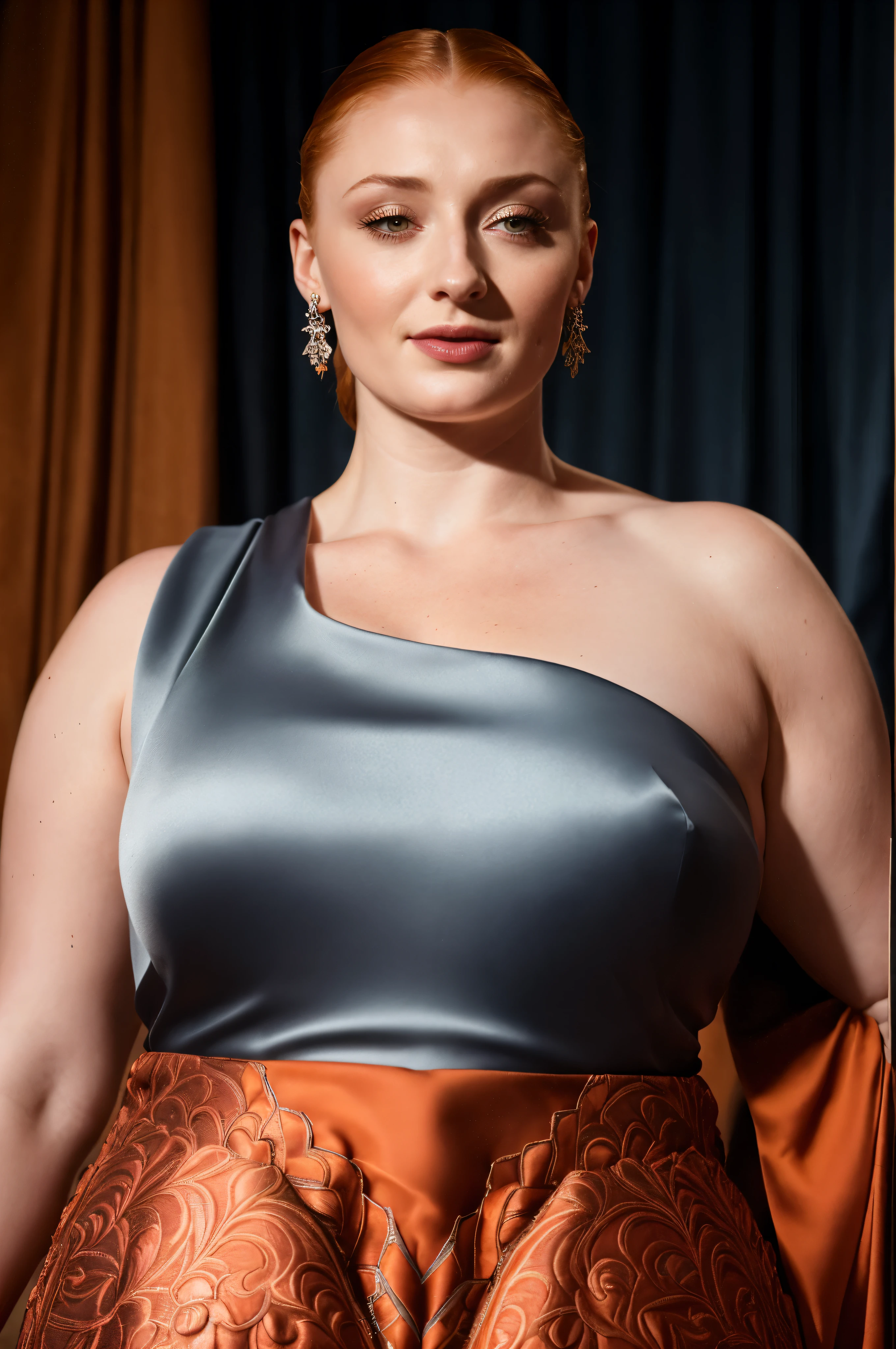 Face of Sophie Turner, Sansa Stark played by Sophie Turner, the de facto Lady of the Eyrie, is a 40-year-old mature queen with a stunning, alluring appearance. Full Face, Full figured woman, pierced eyes, reddish lips, upper body shot, erotic Mediaeval costumes, game of thrones costumes, She wears a Game of Thrones-inspired costume and has a deep cleavage, a perfect thick body, and a perfect thick figure. The photograph captures her in a close-up, with her skin texture and facial features being ultra-realistic and realistic. Juicy thick figure, high quality skin, Skin pores, amazing details, snow, snow flakes, semi realistic, extremely detailed eyes, dark moody orange and black settings, cool environment, artificial intelligence