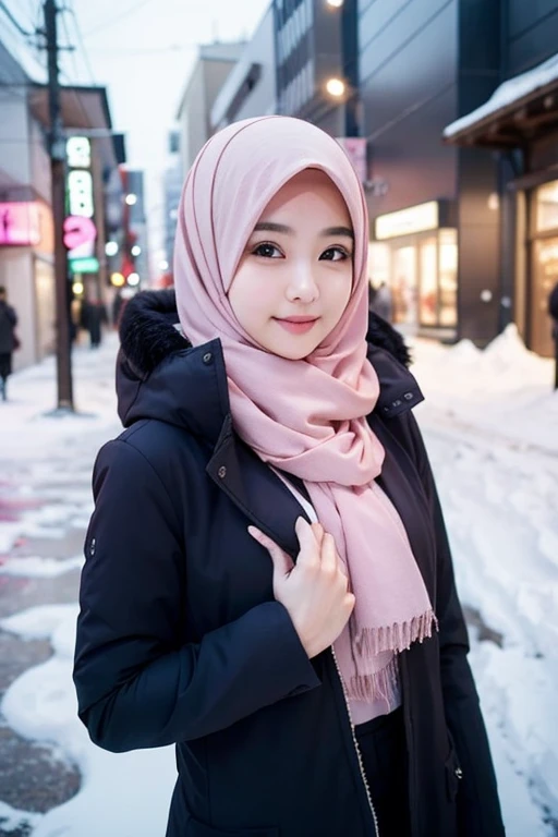 japanese muslim girl, pasmina hijab, perfect body figure, thick winter jacket with hood, pink jacket, snowy city landscape