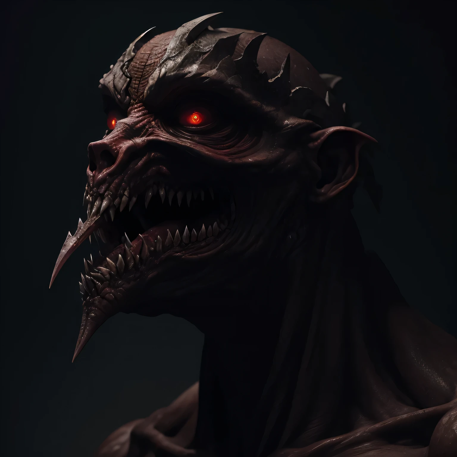 hyper-realistic digital image of a monstrous creature with pale, cracked skin, covered in bloody scars. The creature should have a grotesquely large mouth filled with sharp, jagged teeth arranged in a menacing manner. The expression should be fierce and intimidating, with meticulous details that emphasize the texture of the skin and the brutality of the wounds. The background should be dark and grim, further highlighting the terrifying figure of the creature