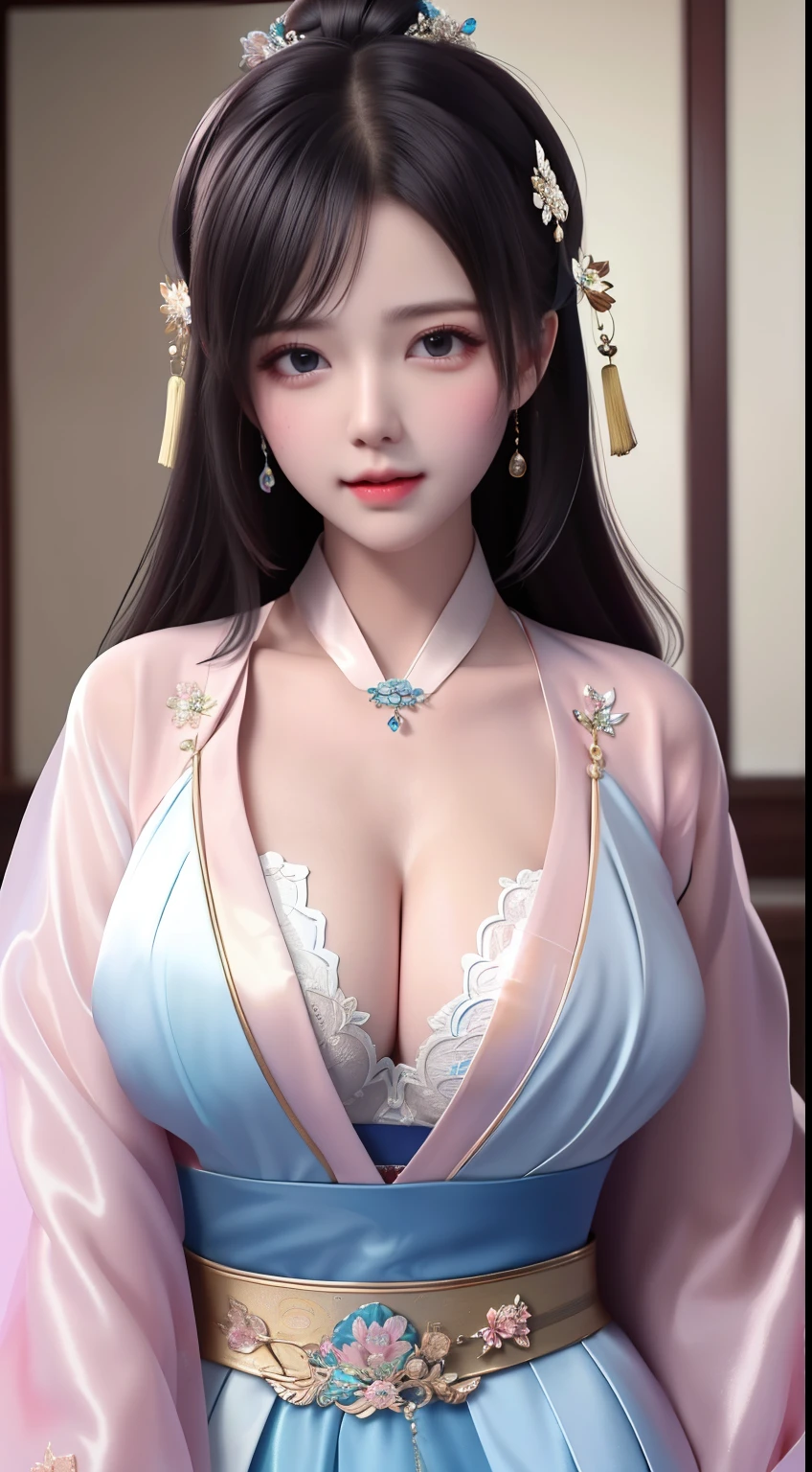 best quality, masterpiece, highres, 1girl,china dress,hair ornament,necklace, jewelry,Beautiful face,upon_body, tyndall effect,photorealistic, dark studio, rim lighting, two tone lighting,(high detailed skin:1.2), 8k uhd, dslr, soft lighting, high quality, volumetric lighting, candid, Photograph, high resolution, 4k, 8k, Bokeh, Wet-breasted Hanfu open V-chested clothes, All pictures, Wet body of thin silk fabric, Thin silk lace petticoat,princess 10 yeald old cute, (huge ,cleavage),petticoat, white pink, blue ,best qualtiy,tmasterpiece,Ultra-high resolution,(Reality:1.4),RAW photogr,(True skin texture:1.3),(filmgrain:1.3),(Selfie angle),1个Giant Breast Girl,Beautiful eye and face details,tmasterpiece,Best quality at best,exposing thighs,Bigchest,The chest is more exposed