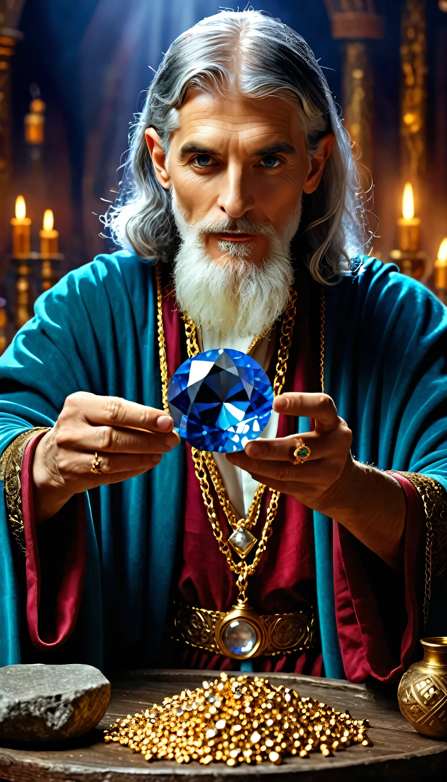 The magician Merlin holds a magic potion. Merlin has a beautiful diamond ring. Gold bars are in front of you.  ultra-detailed, high-definition image. intense colors. impactful image