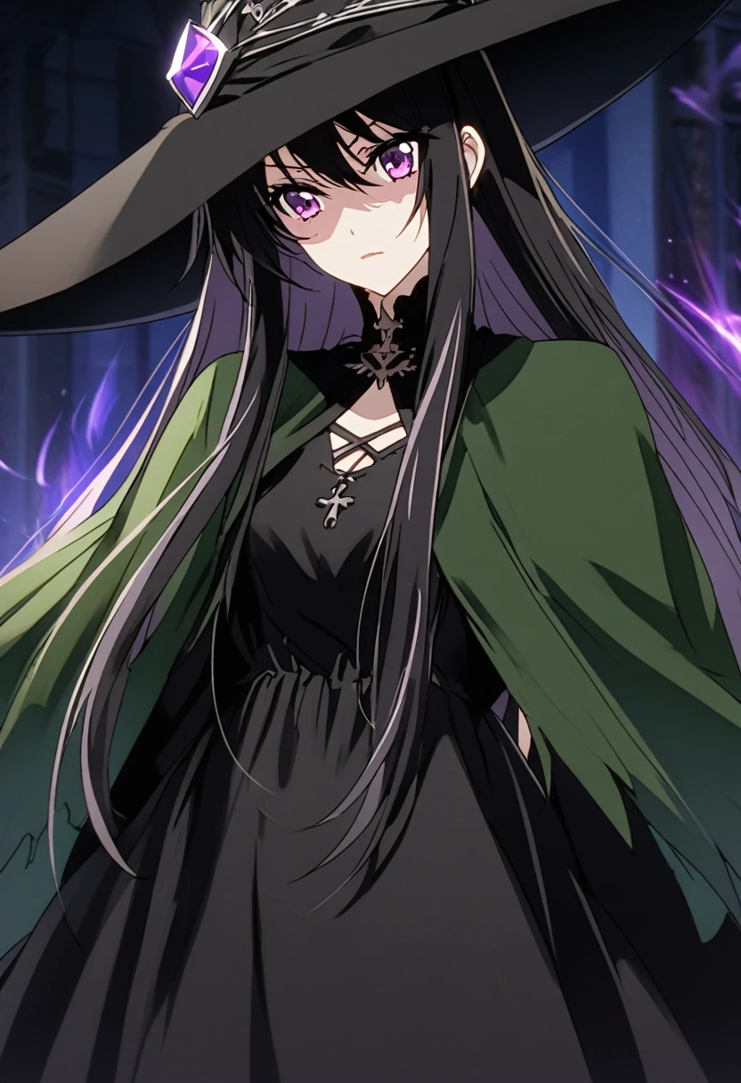 a close up of a person wearing a hat and dress, flirty anime witch casting magic, gothic maiden anime girl, anime girl with long hair, fashionable dark witch, in a cloak with long hairs, anime girl wearing a black dress, dark witch character, with a green cloak, witch girl, classical witch