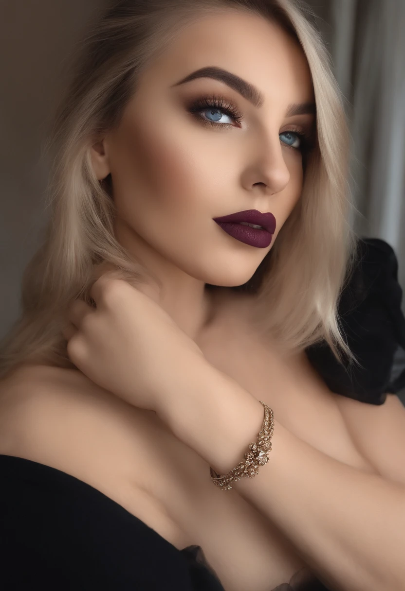 arafed femme pleinement , fille sexy aux yeux bleus, ultra realistic, Meticulously detailed, Portrait de Sophie Mudd, cheveux blonds et grands yeux, selfie d'une jeune femme, Yeux de chambre, violette myers, sans maquillage, maquillage naturel, regarder directement la caméra, lipstick, visage avec artgram, maquillage subtil, superbe photo de tout le corps à genoux sur le lit, dans la chambre, very nsfw