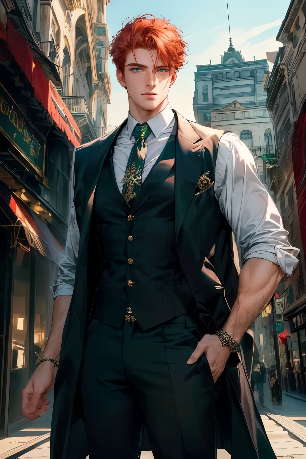 Masterpiece, Best Quality, Ultra-Detailed, 1man, 26 years old, muscular, large shoulders, red hair, ginger hair, short hair, green eyes, emerald eyes, very beautiful eyes, beautiful eyes, brilliant eyes, very detailed eyes, pale skin, modern clothes, social clothes, ((formal clothes:1.0)) contemporany clothes, nowdays clothes, glamorous clothes, looking side, city background