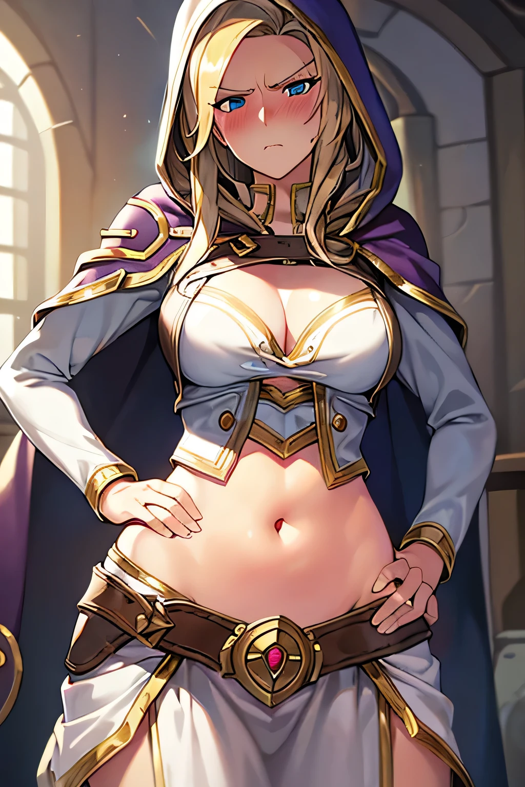 super fine illustration, vibrant colors, masterpiece, sharp focus, best quality, depth of field, ultra detailed, 1girl, solo, blush, annoyed, belly button, hips, waist cloth, long sleeves, cape, hoodie, jaina proudmoore, looking down, young-jaina, long blonde hair, jainaproudmoore