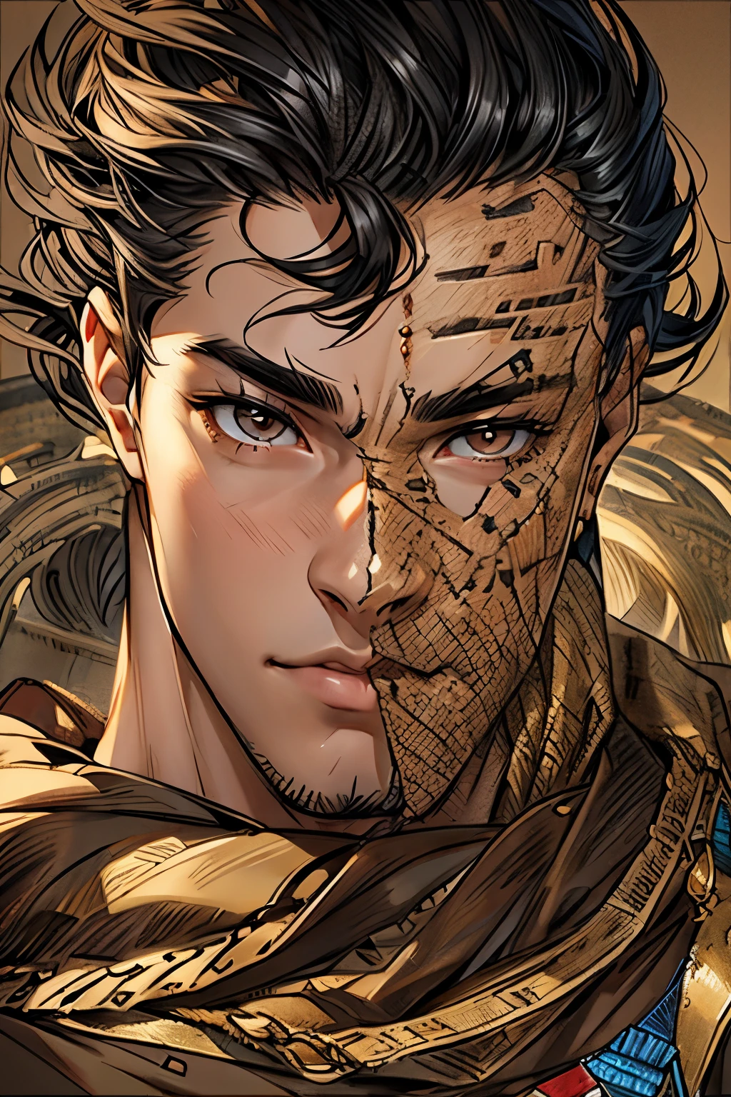 1boy, thin eyes, brown eyes, perfect nose, black hair,