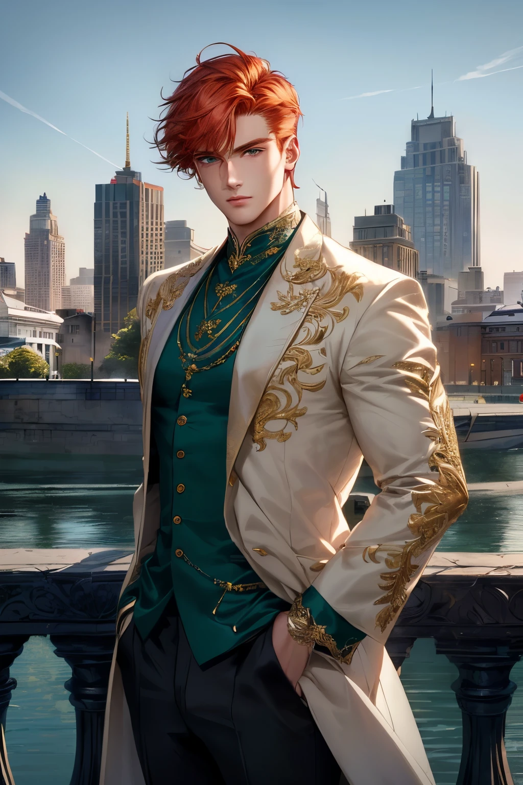 Masterpiece, Best Quality, Ultra-Detailed, 1man, 26 years old, muscular, large shoulders, red hair, ginger hair, short hair, green eyes, emerald eyes, very beautiful eyes, beautiful eyes, brilliant eyes, very detailed eyes, pale skin, modern clothes, ((social clothes:1.0)), formal clothes:1.0, contemporany clothes, nowdays clothes, glamorous clothes, looking side, city background