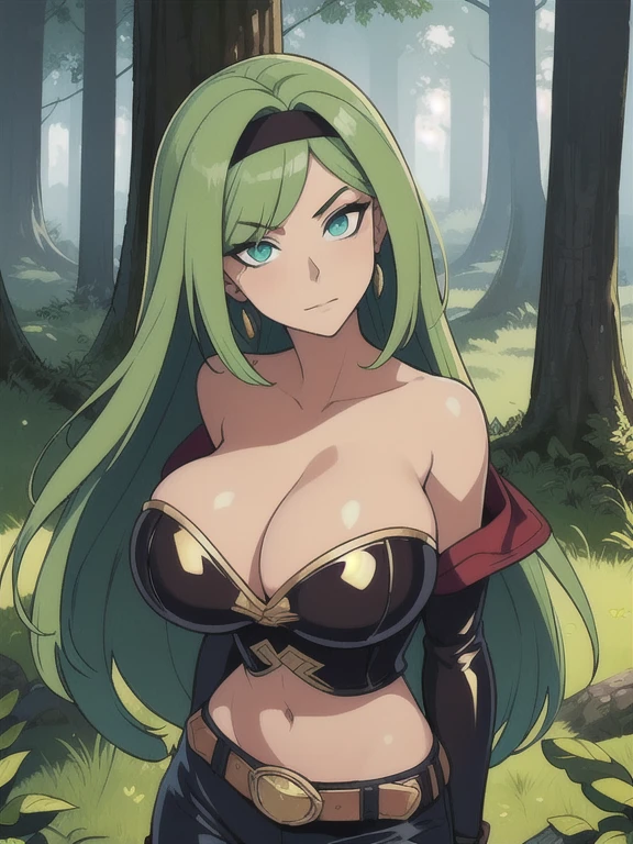 ((Best quality)), ((Masterpiece)), (detailed), (Detailed face:1.2), (Detailed eyes:1.2), (Perfect figure:1.2), perfect face perfect figure, Female Knight, Middle Ages, long green hair, headband, strapless, off shoulder, crop top, leather pants, gold belt, armor, knight's armor, big breast, middle aged woman, (looking at viewer with a mischievous expression on her face:1.1), holding a sword, One woman, In the forest, forest background
