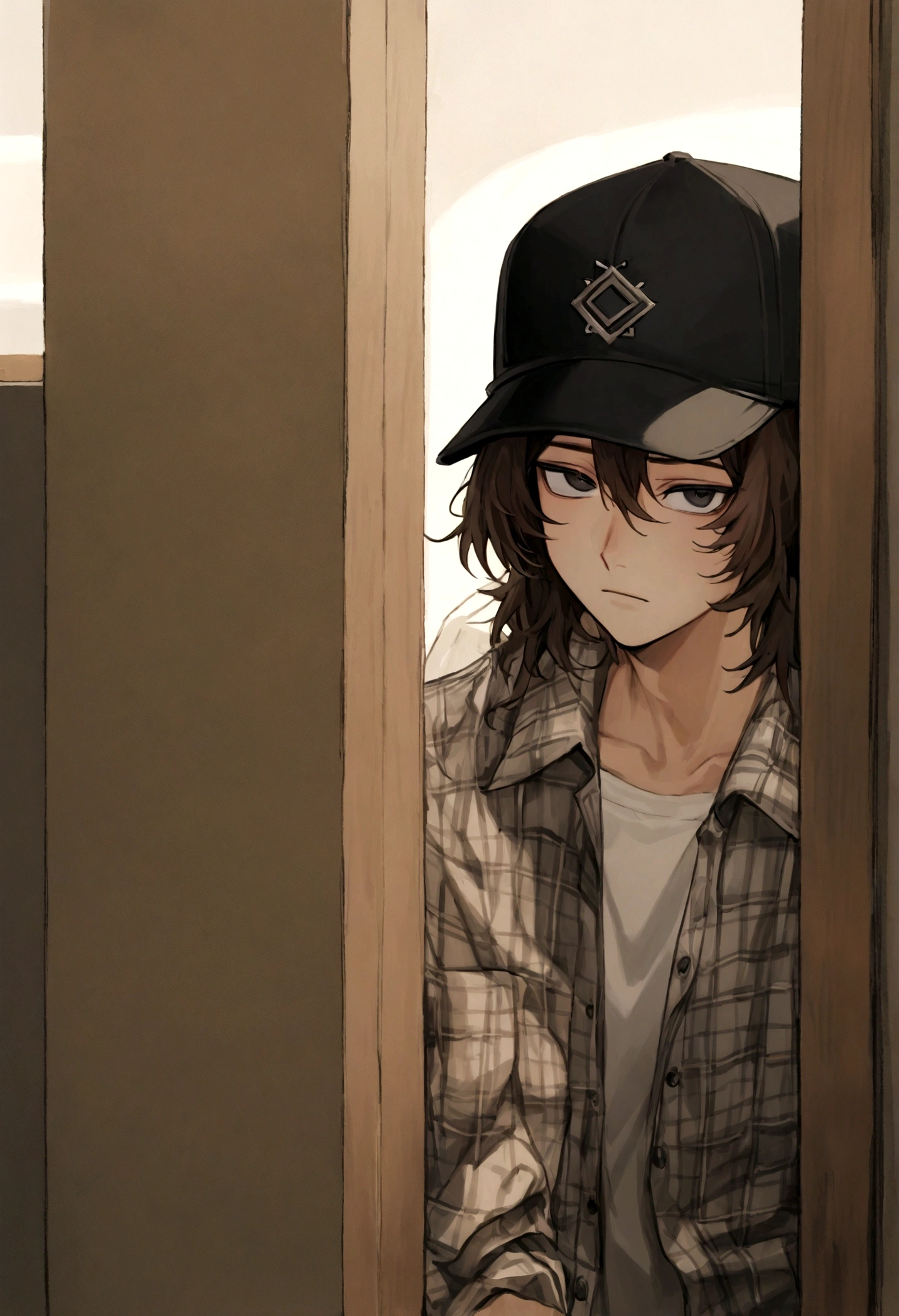similar song kang, 18 year old korean man, black cap trucker, 2000s white shirt, plaid shirt, neutral expression, shaggy medium hair, brown hair, black eyes, hq style, bust half-body, highly detailed.