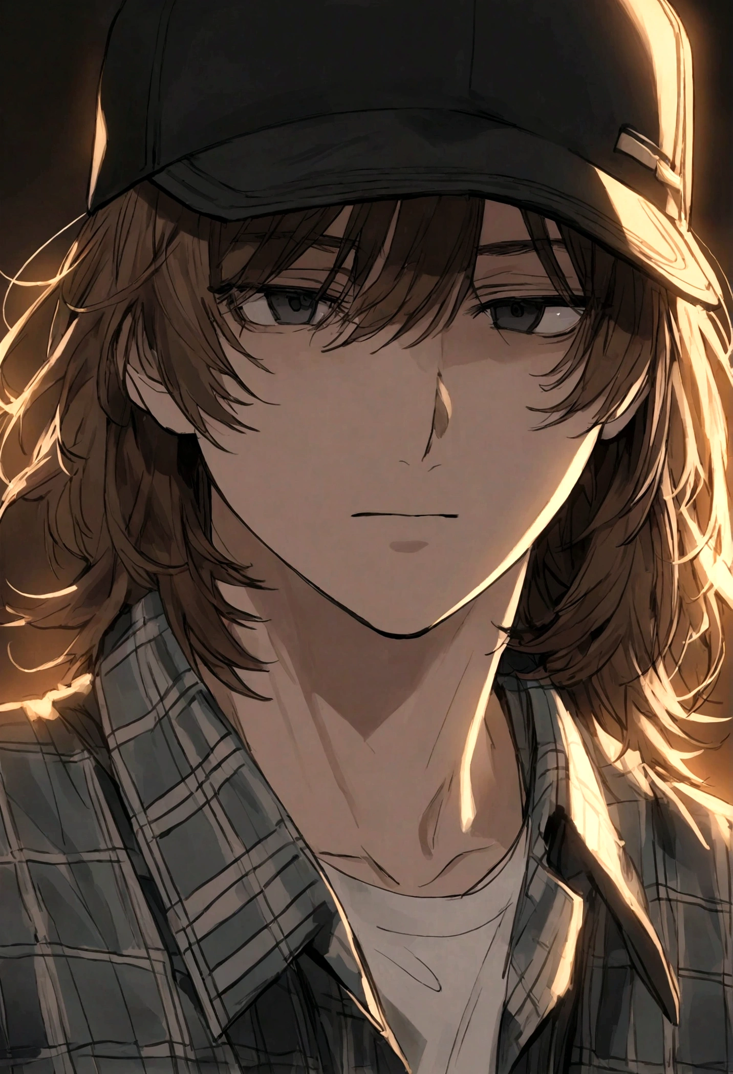 similar song kang, 18 year old korean man, black cap trucker, 2000s white shirt, plaid shirt, neutral expression, shaggy medium hair, brown hair, black eyes, hq style, bust half-body, highly detailed.