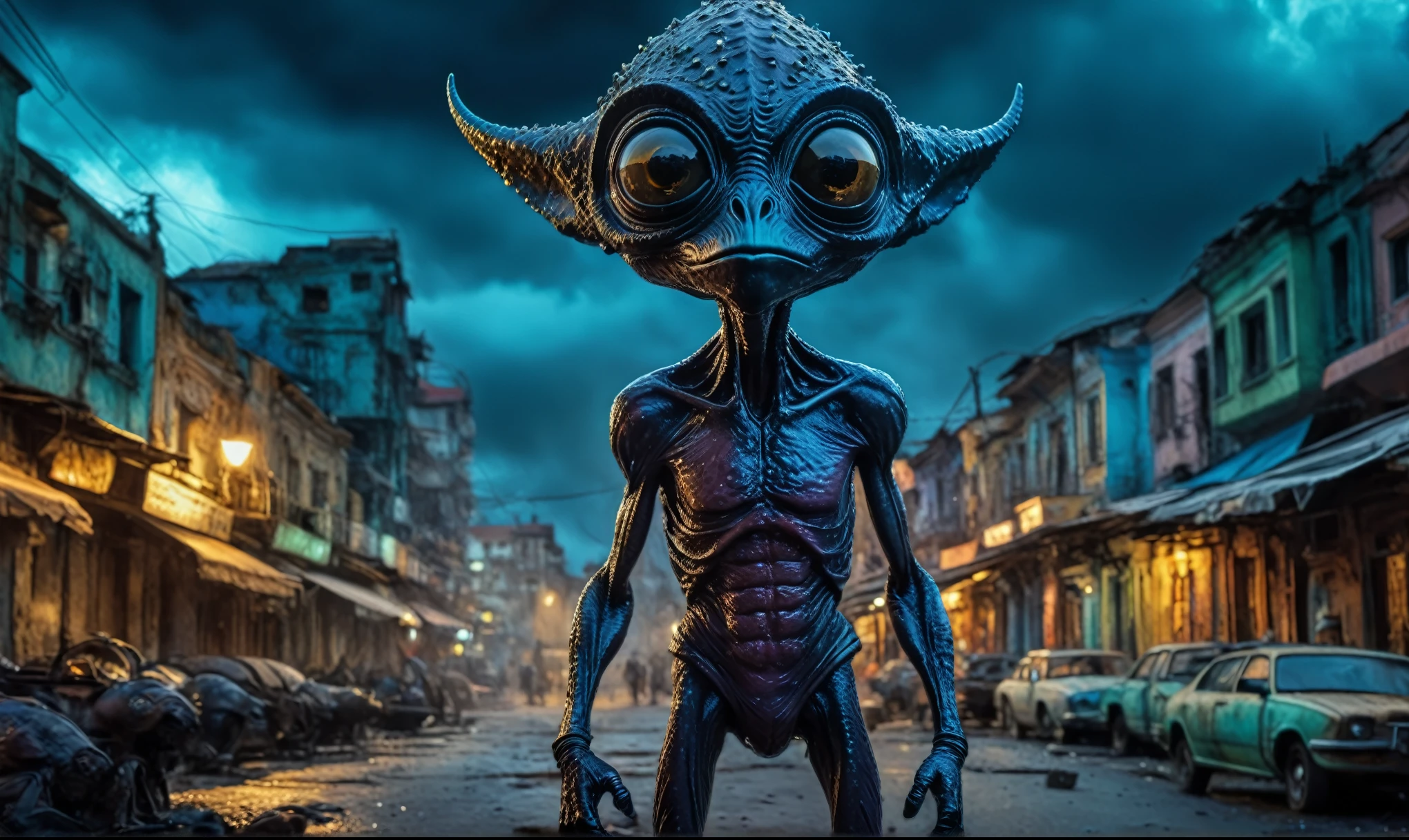 full-body-shot,niobium Manganite (The Alien Entity:Caribbean:0.5), wants eat,survival in criminal city of future,Cinematic,soft colors, Technicolor,natural skin textures, hyper realism, hyper detailed,Extremely detailed,High contrast,Masterpiece,Realistic,Ultra Detailed, intricate details,realistic humid leather,extremely intricate,Epic Realistic, cinematic style,irina yermolova,high contrast,HDR,extremely detailed, [deep night landscape],masterpiece,intricate details,faded,eyes extremely detailed, high detailed eyes,8k resolution,RAW,retina, Nikon Z9