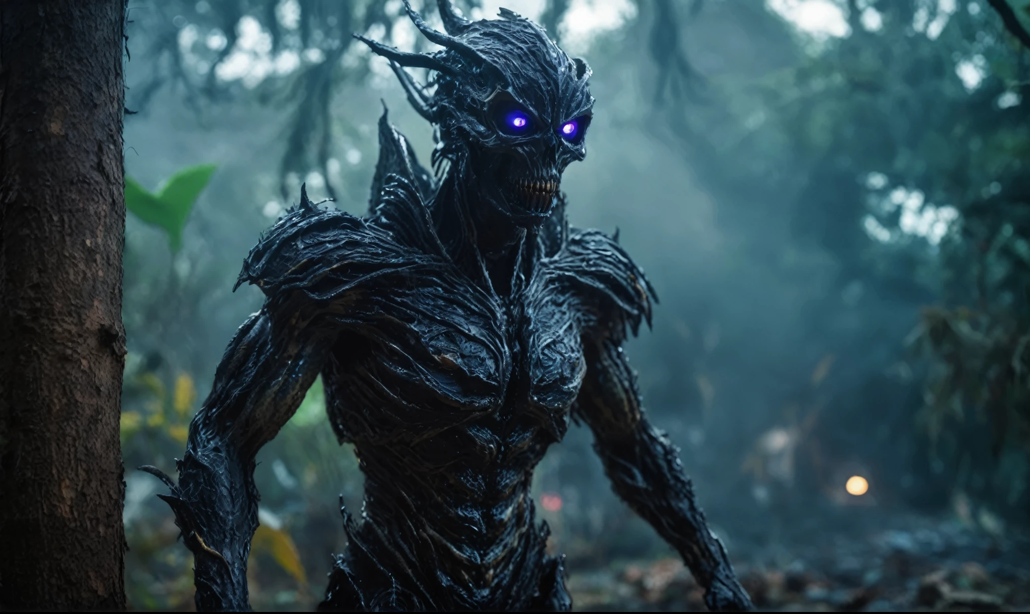 full-body-shot,niobium Manganite (The Alien Entity:Caribbean:0.5), wants eat,survival in criminal city of future,Cinematic,soft colors, Technicolor,natural skin textures, hyper realism, hyper detailed,Extremely detailed,High contrast,Masterpiece,Realistic,Ultra Detailed, intricate details,realistic humid leather,extremely intricate,Epic Realistic, cinematic style,irina yermolova,high contrast,HDR,extremely detailed, [deep night landscape],masterpiece,intricate details,faded,eyes extremely detailed, high detailed eyes,8k resolution,RAW,retina, Nikon Z9,wlop,scratched, flaking peeling paint from body,surrounded dark Iridescent mist,transparent white light halo, bailong plant Oiwa made of dead plants ,,an orchard with live sinister bloodthirsty lifes, ancient trees at the stage of radioactive half-life,trap against fairies between trees,Carnival Row city