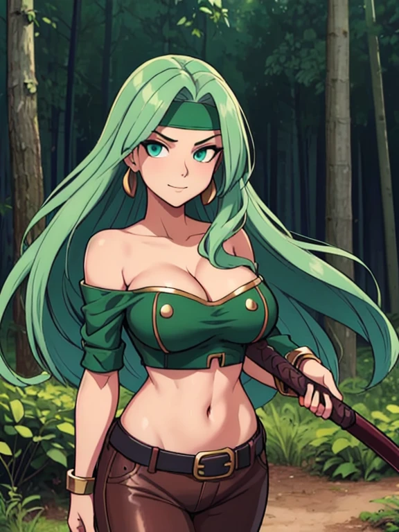 ((Best quality)), ((Masterpiece)), (detailed), (Detailed face:1.2), (Detailed eyes:1.2), (Perfect figure:1.2), perfect face perfect figure, Female Knight, Middle Ages, long green hair, headband, strapless, off shoulder, crop top, leather pants, gold belt, armor, knight's armor, big breast, middle aged woman, (looking at viewer with a mischievous expression on her face:1.1), holding a sword, One woman, In the forest, forest background
