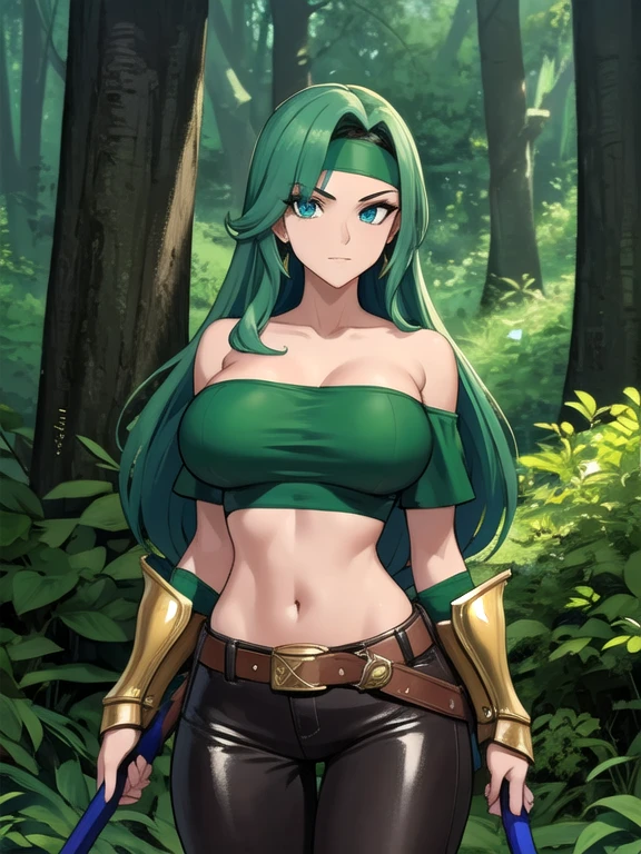 ((Best quality)), ((Masterpiece)), (detailed), (Detailed face:1.2), (Detailed eyes:1.2), (Perfect figure:1.2), perfect face perfect figure, Female Knight, Middle Ages, long green hair, headband, strapless, off shoulder, crop top, leather pants, gold belt, armor, knight's armor, big breast, middle aged woman, (looking at viewer with a mischievous expression on her face:1.1), holding a sword, One woman, In the forest, forest background
