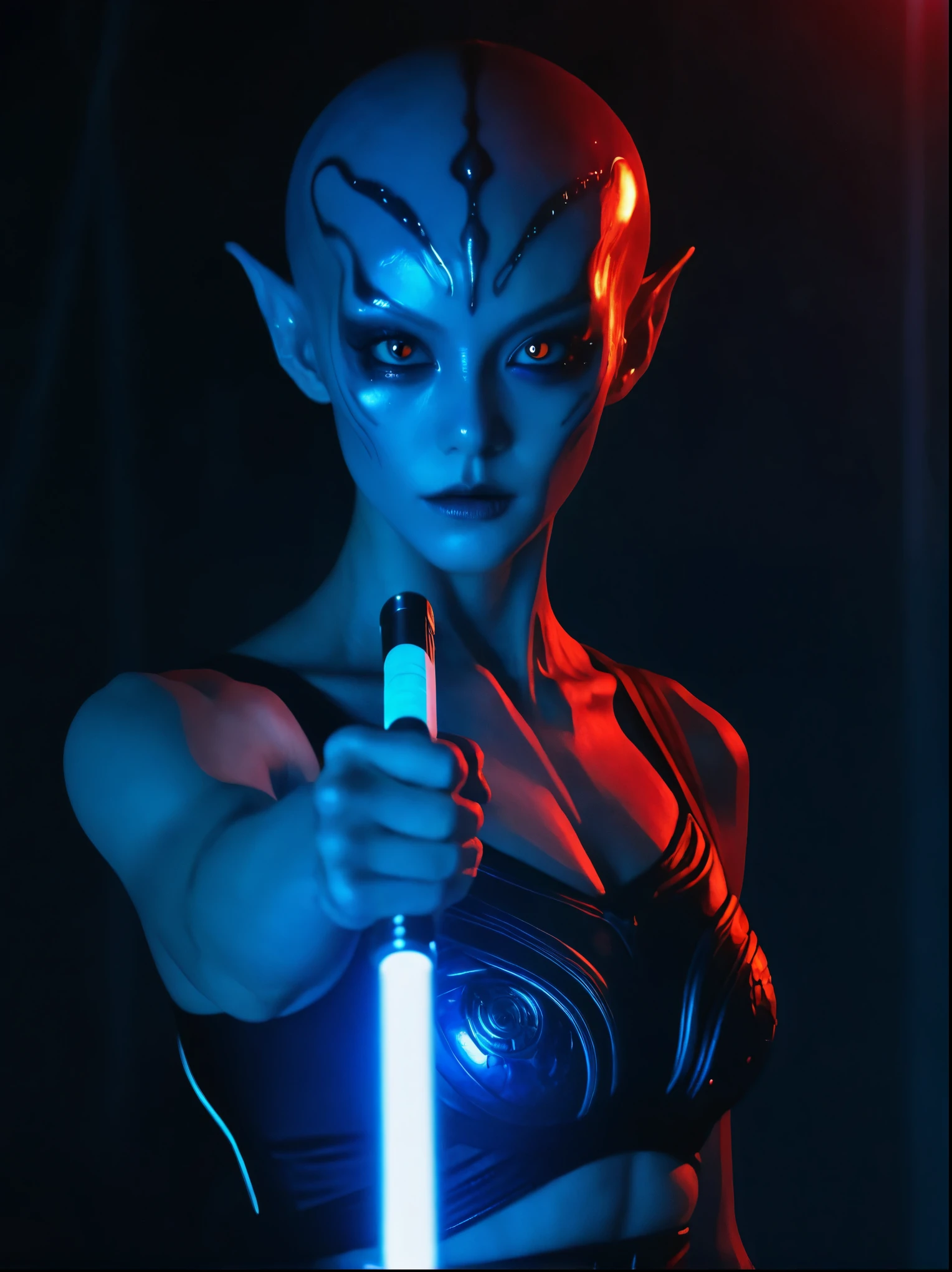 (A strange looking female alien:1.4), Red-glowing eyes, open mouth, Sharp Teeth, Mucus, Aesthetic physique, (Strange looking alien), Fighting Stance, Lightsaber in hand，Artistic Photo, 8k, Looking at the camera, Light background, Pretty Face, Blue Skin，Large Breasts。