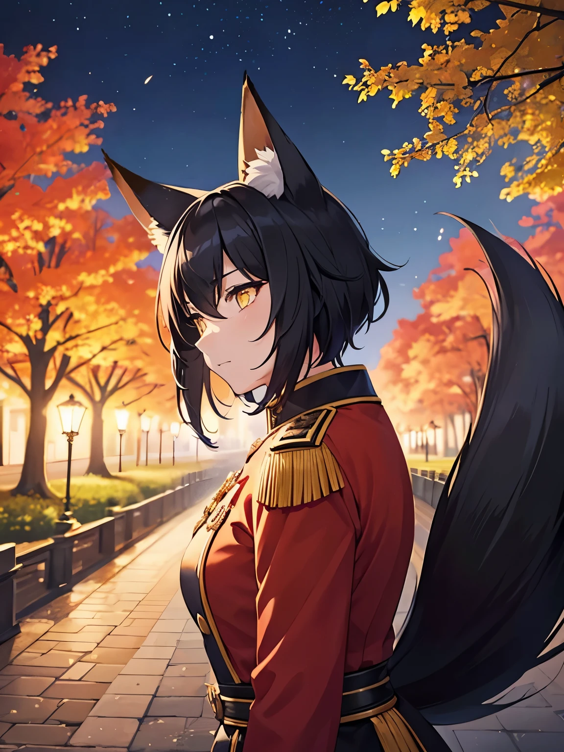In the park at night, 1 women, facing right, camera angle from the side, photo from the side, looking away,Black hair,different hairstyles, different hair colors, yellow eyes, Holding a sword, fox ears, yellow eyes, fox tail, royal guard uniform