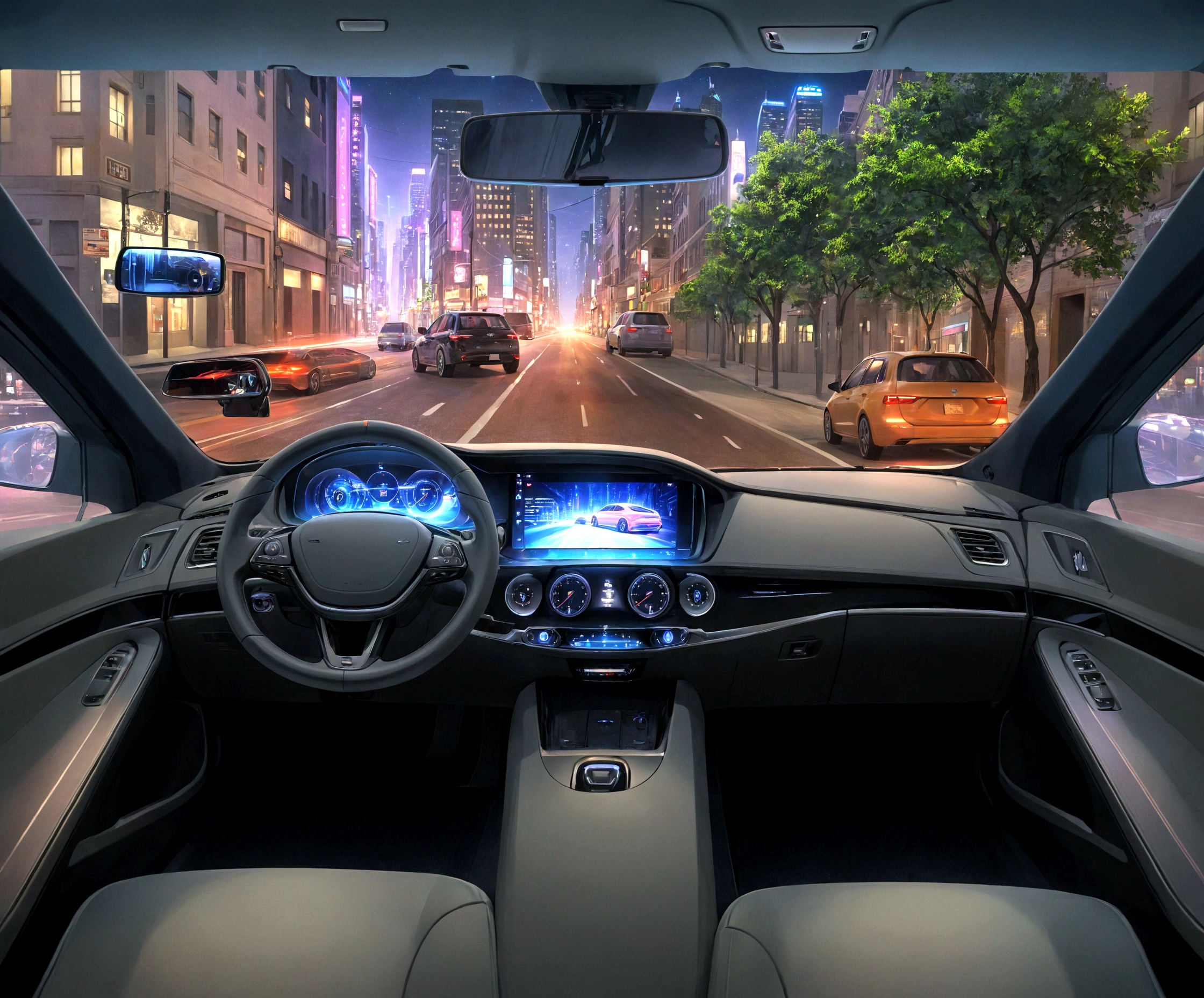 arafed view of a car with a city street in the background, inside of a car, interior background, glowing interior components, car with holographic paint, full view of a car, a hyper realistic, detailed ambient lighting, driving through the city, inside a grand, amazing wallpaper, neon ambient lighting, highly detailed interior, bright ambient lighting, scenic full shot