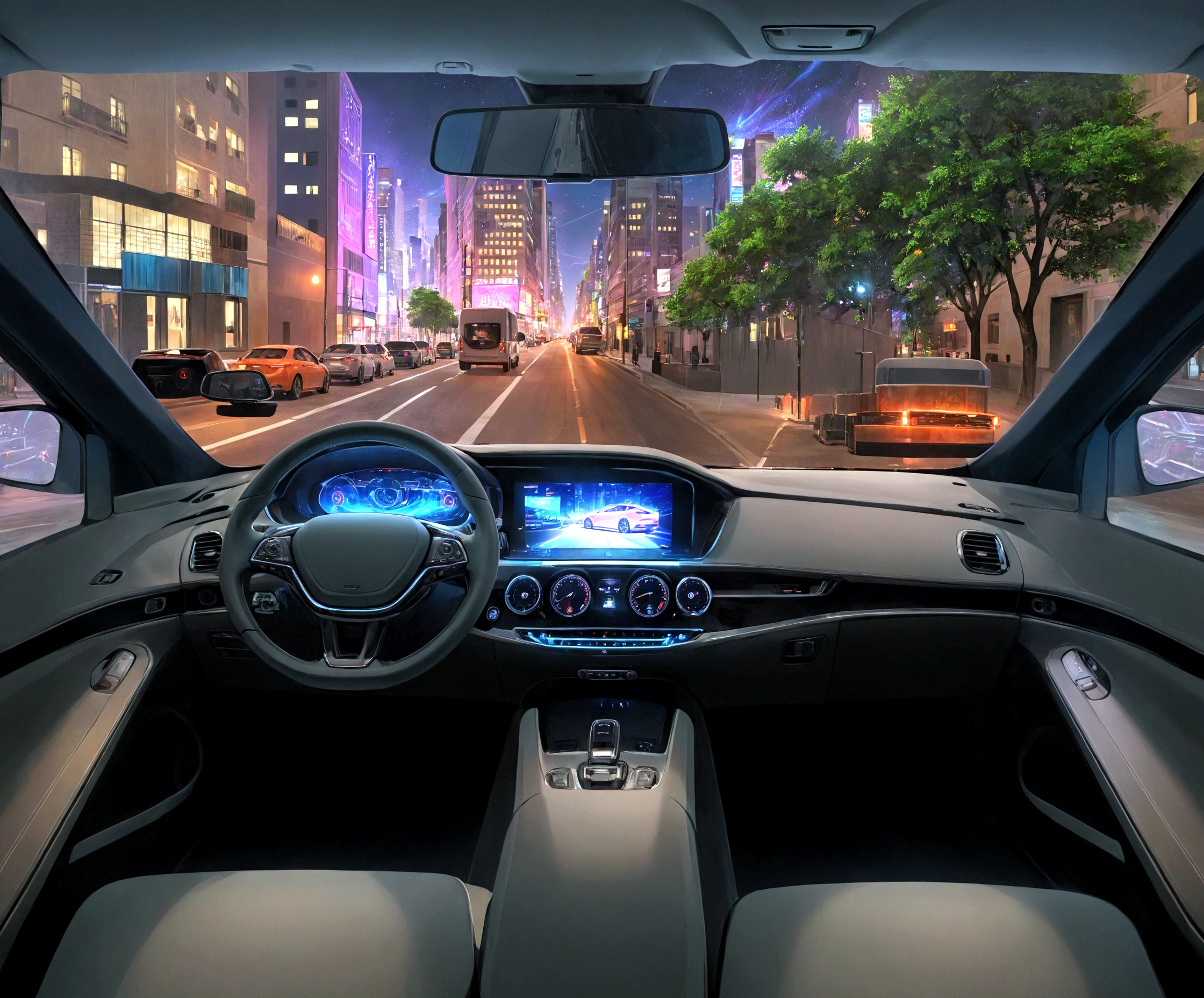 arafed view of a car with a city street in the background, inside of a car, interior background, glowing interior components, car with holographic paint, full view of a car, a hyper realistic, detailed ambient lighting, driving through the city, inside a grand, amazing wallpaper, neon ambient lighting, highly detailed interior, bright ambient lighting, scenic full shot