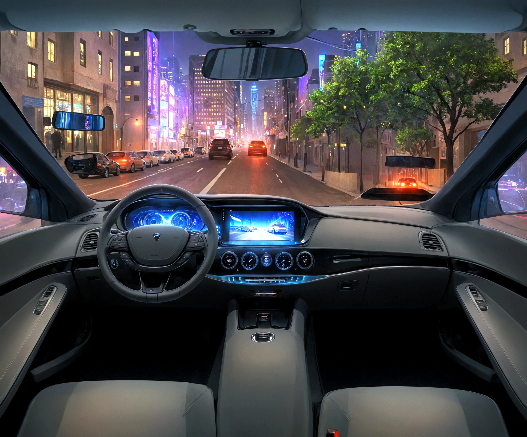 arafed view of a car with a city street in the background, inside of a car, interior background, glowing interior components, car with holographic paint, full view of a car, a hyper realistic, detailed ambient lighting, driving through the city, inside a grand, amazing wallpaper, neon ambient lighting, highly detailed interior, bright ambient lighting, scenic full shot