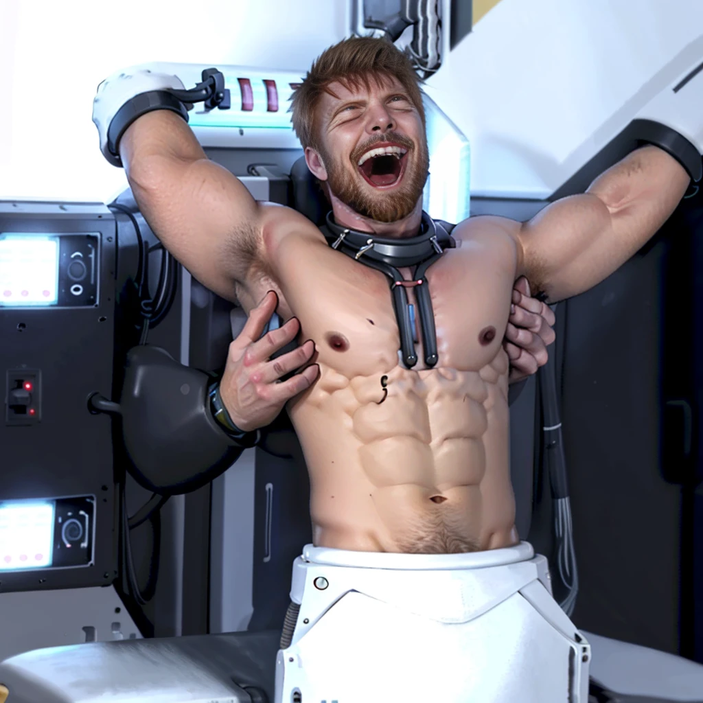Handsome muscular shirtless ginger bearded man laughing hands above head handcuffed in a stasis tank, mechanical hands tickling armpits, mechanical hands tickling ribs, lab background