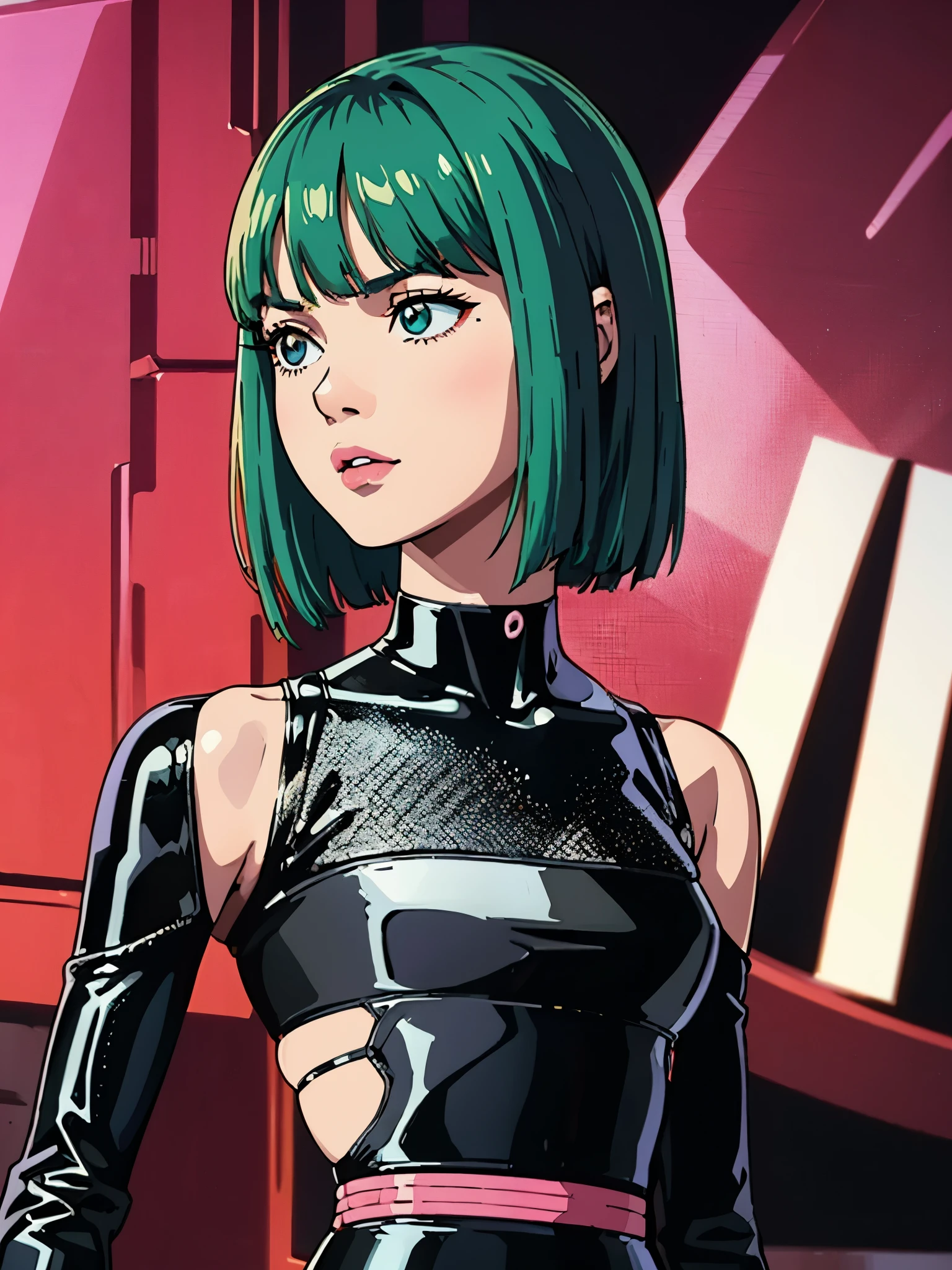 digital art drawing, illustration of (Lisa from k-pop group Blackpink, short green hair with bangs, brown eyes, flat chest, small breasts, metal robotic arms, cyborg arms, neon details, from behind, cyberpunk 2077), anime drawing/art, bold linework, illustration, digital art, masterpiece, flat illustration, no shadows, 8k resolution, high detail, vector art, only anime, perfect eyes, perfect hands, perfect fingers, sharpness, high clarity, medium shot, high fidelity
