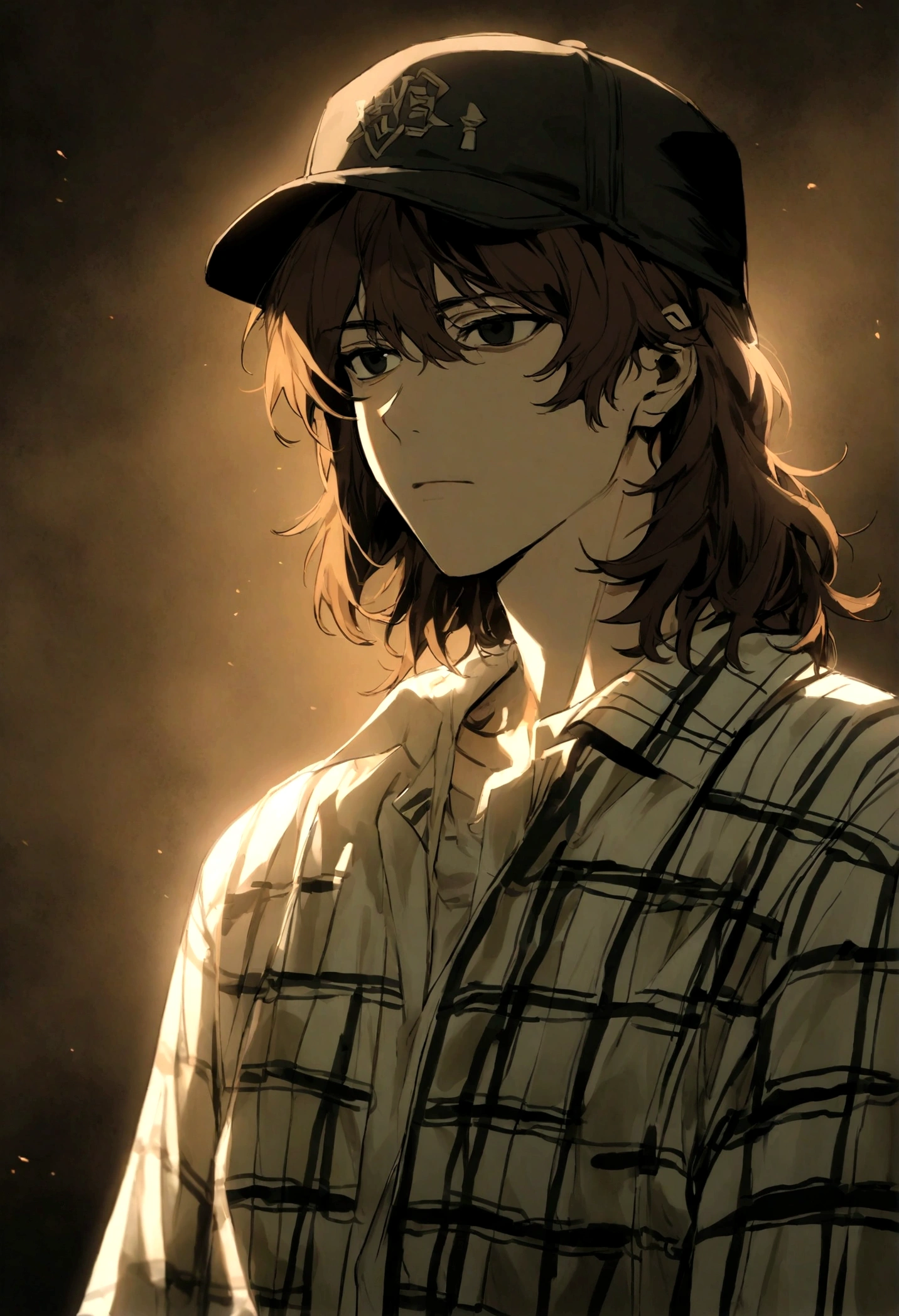 similar song kang, 18 year old korean man, black cap trucker, 2000s white shirt, plaid shirt, neutral expression, shaggy medium hair, brown hair, black eyes, hq style, bust half-body, highly detailed.